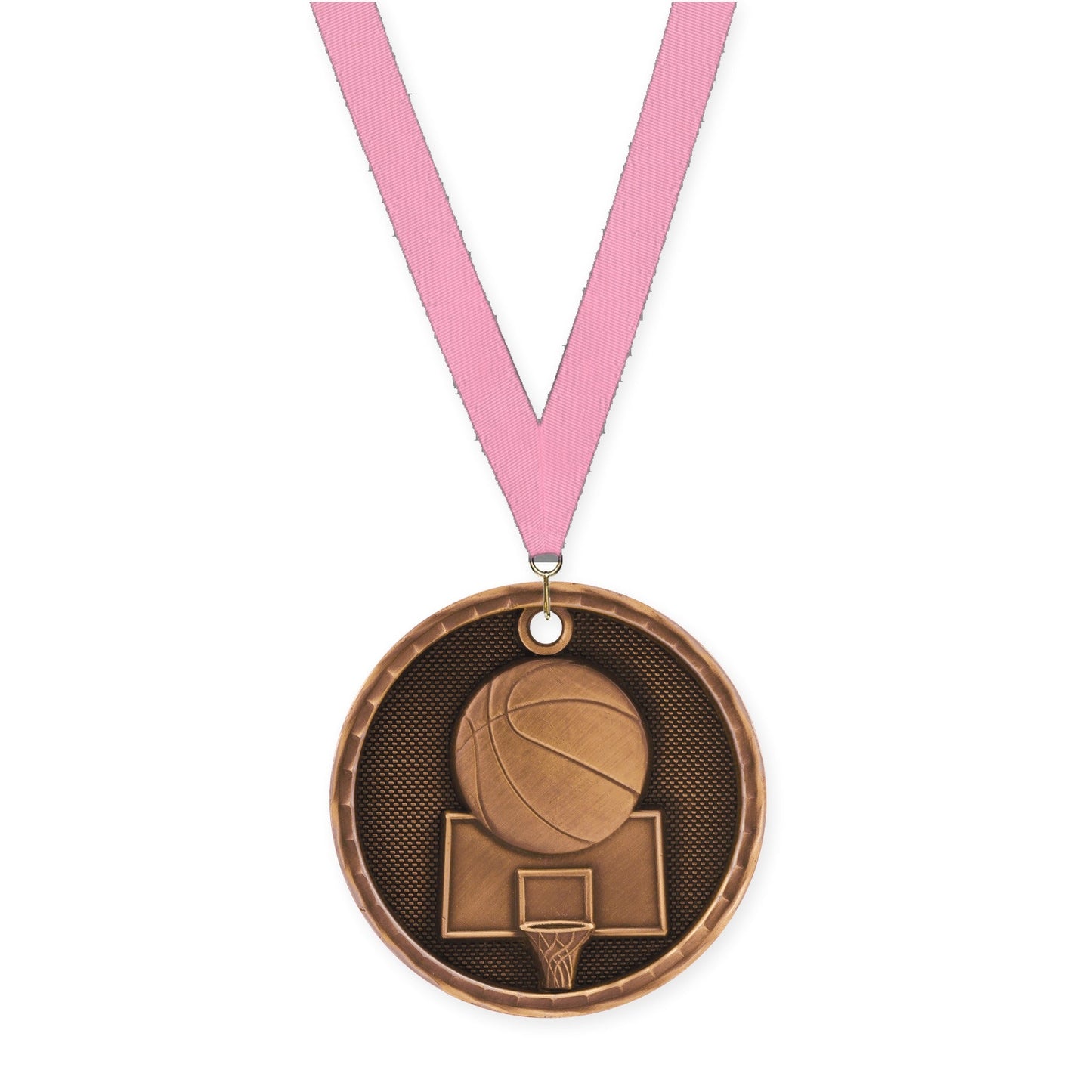 2 inch basketball 3-D medal in antique bronze with Pink neck ribbon