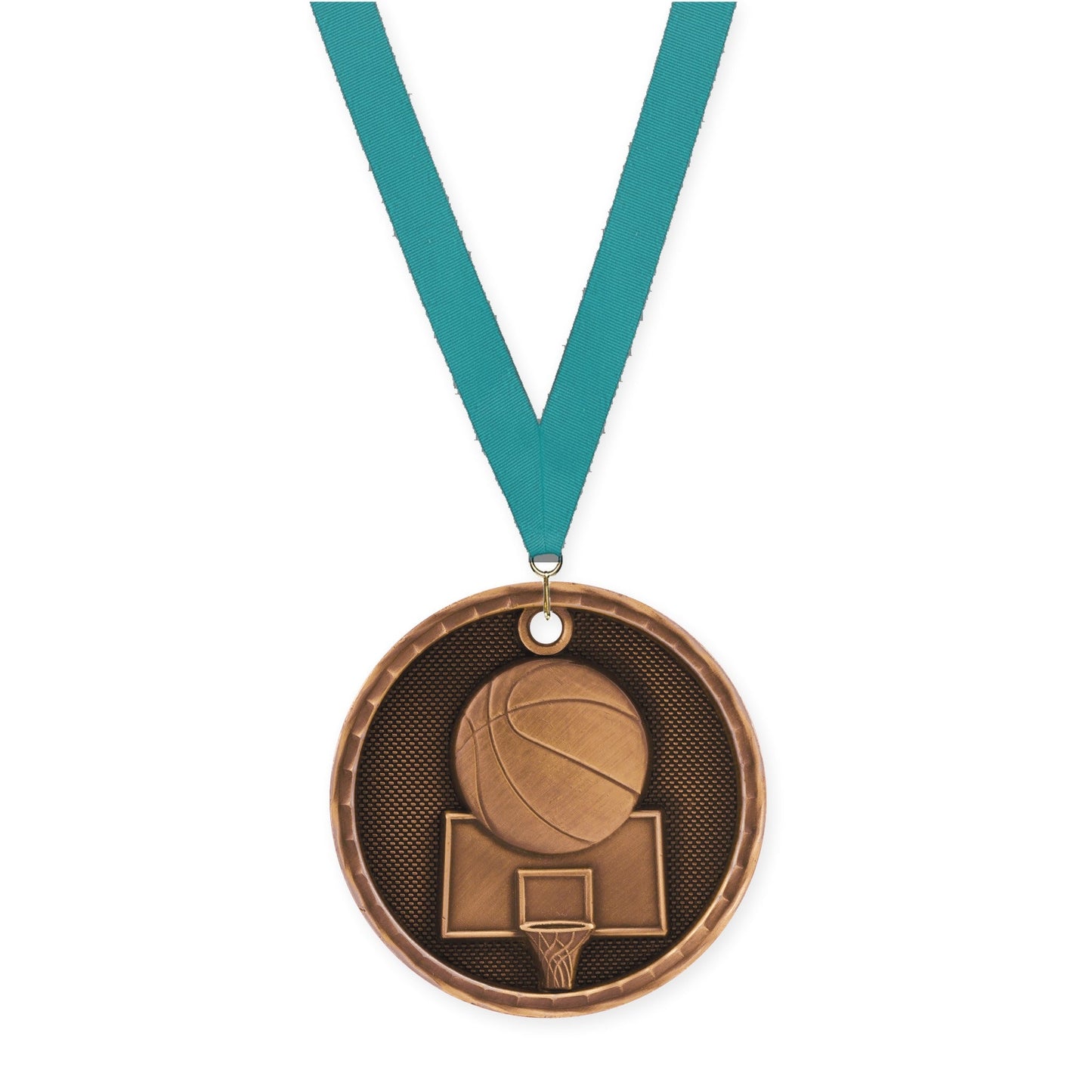 2 inch basketball 3-D medal in antique bronze with Teal neck ribbon