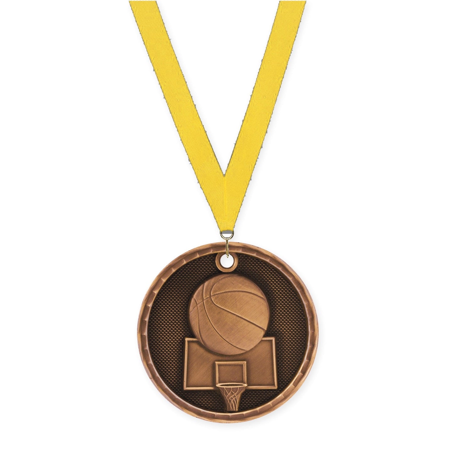 2 inch basketball 3-D medal in antique bronze with Yellow neck ribbon
