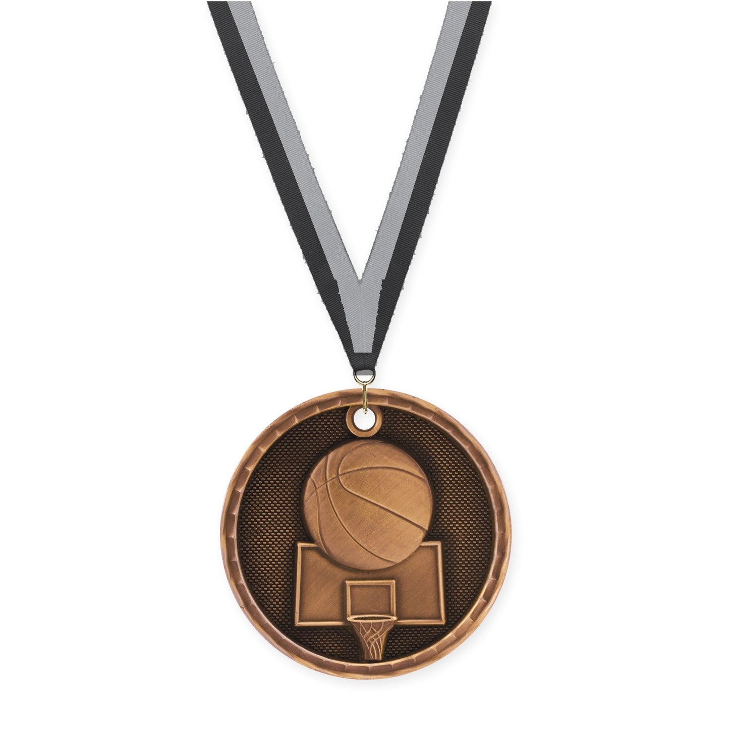 2 inch basketball 3-D medal in antique bronze with Black Gray neck ribbon