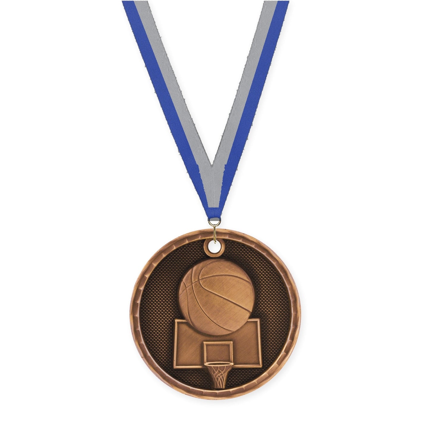 2 inch basketball 3-D medal in antique bronze with Blue Gray neck ribbon