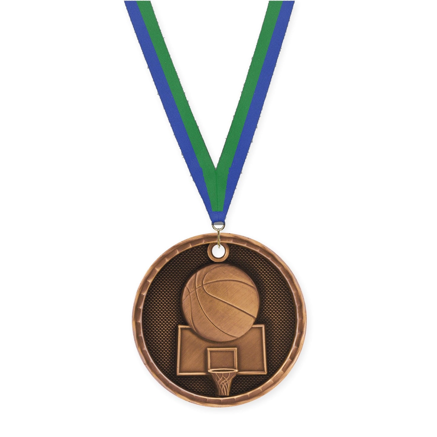 2 inch basketball 3-D medal in antique bronze with Blue Green neck ribbon