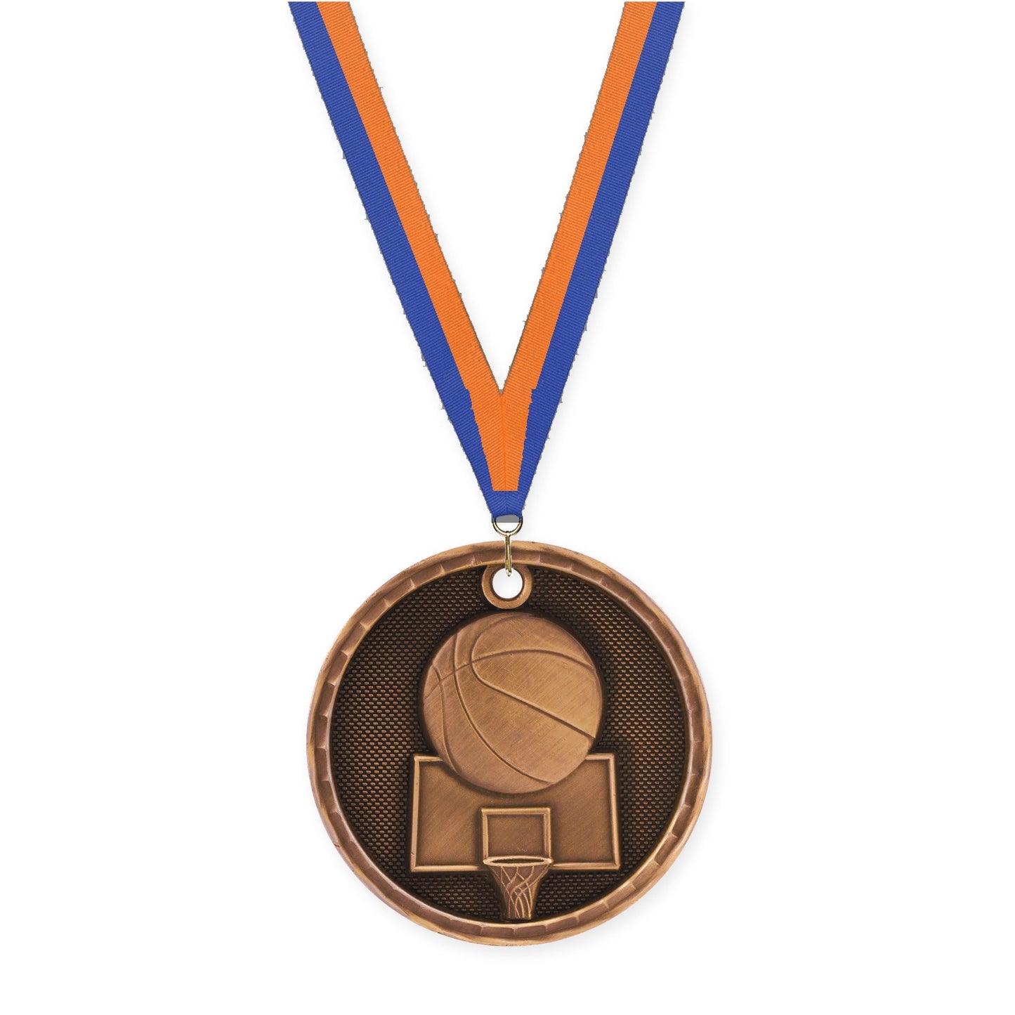 2 inch basketball 3-D medal in antique bronze with Blue Orange neck ribbon