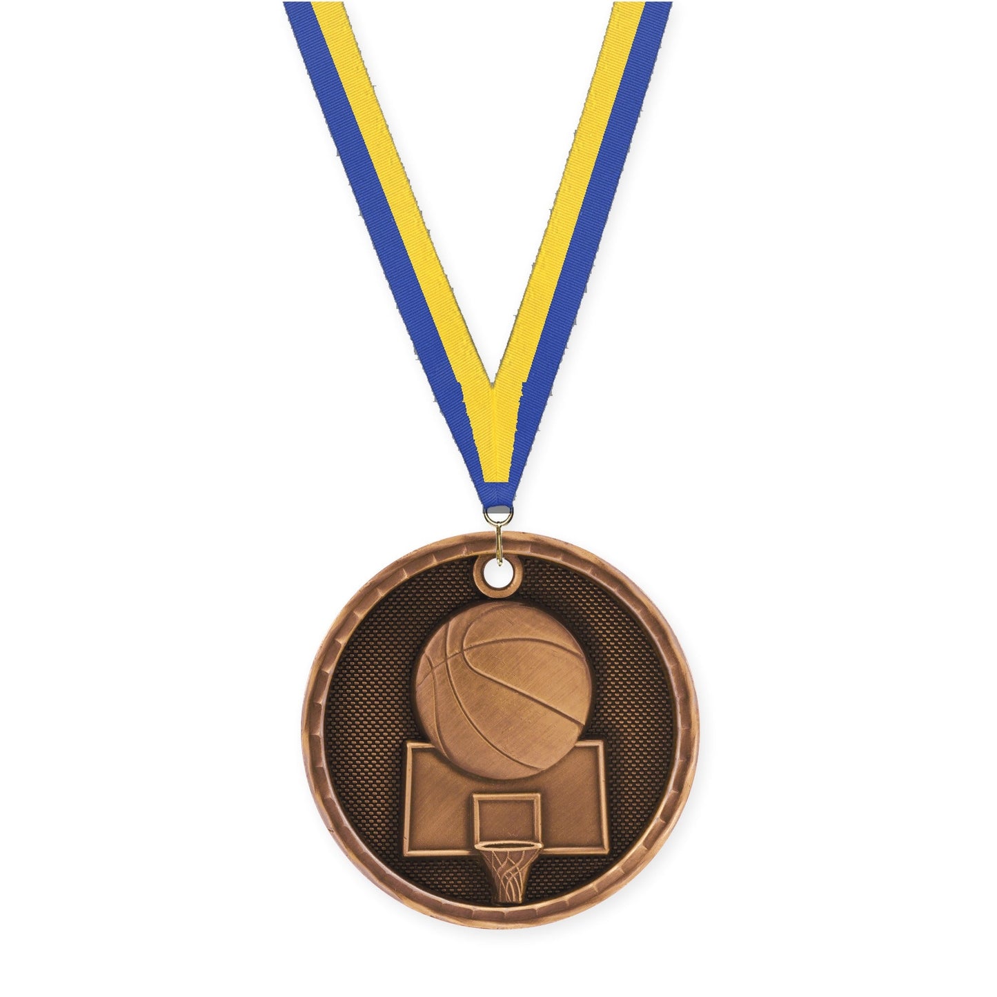 2 inch basketball 3-D medal in antique bronze with Blue Yellow neck ribbon