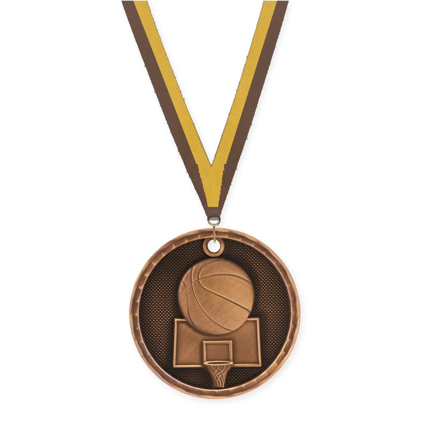 2 inch basketball 3-D medal in antique bronze with Brown Gold neck ribbon