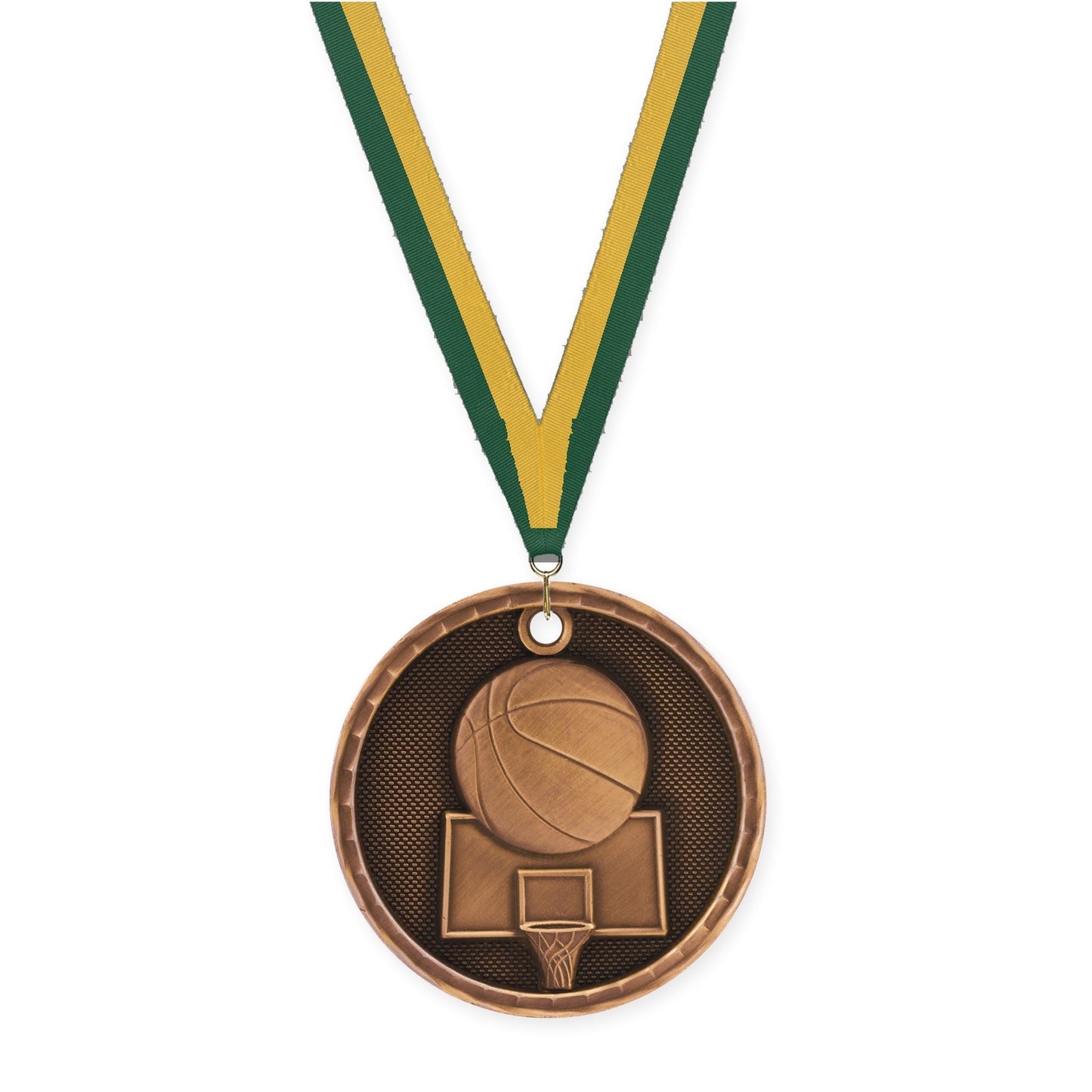 2 inch basketball 3-D medal in antique bronze with Hunter Green Gold neck ribbon