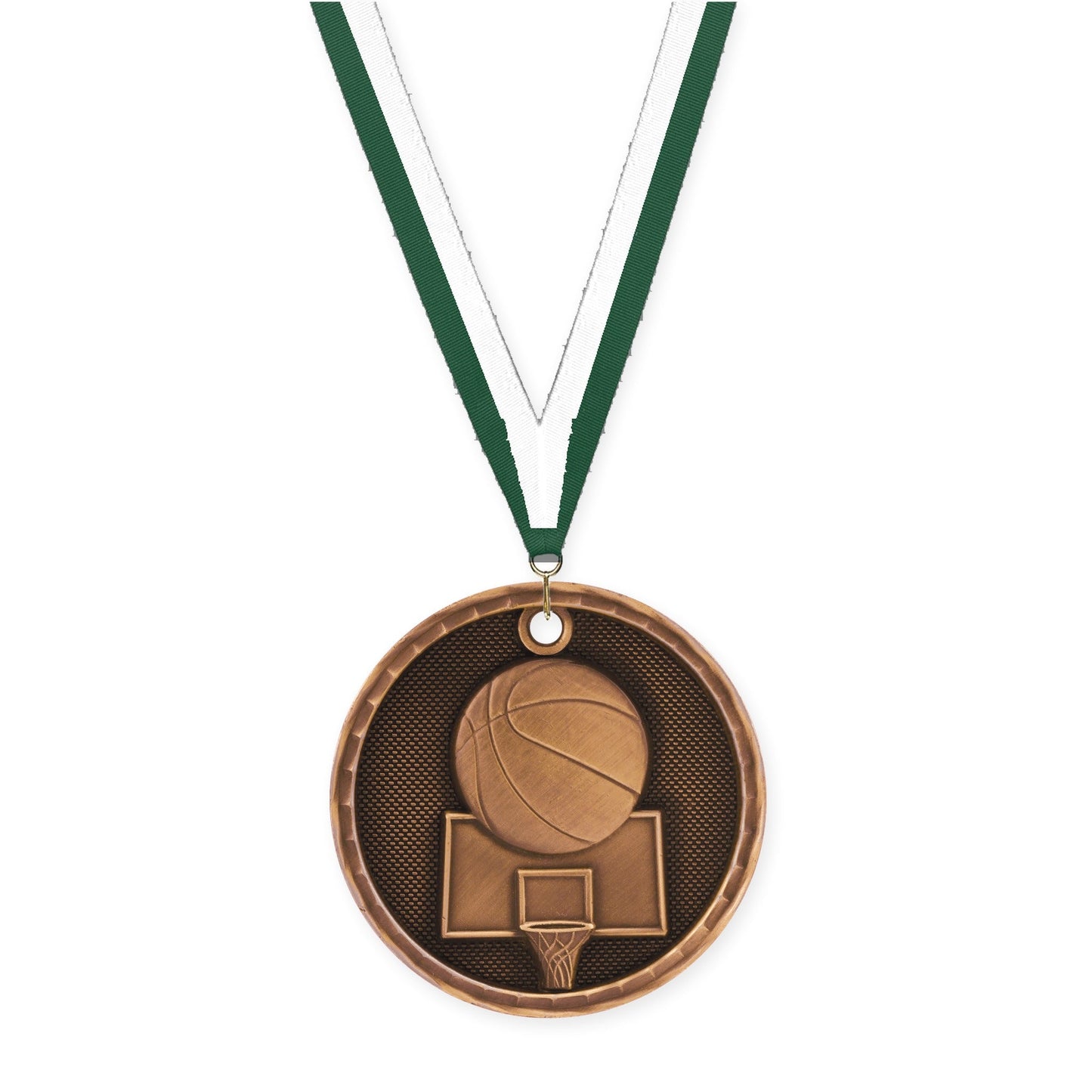 2 inch basketball 3-D medal in antique bronze with Hunter Green White neck ribbon