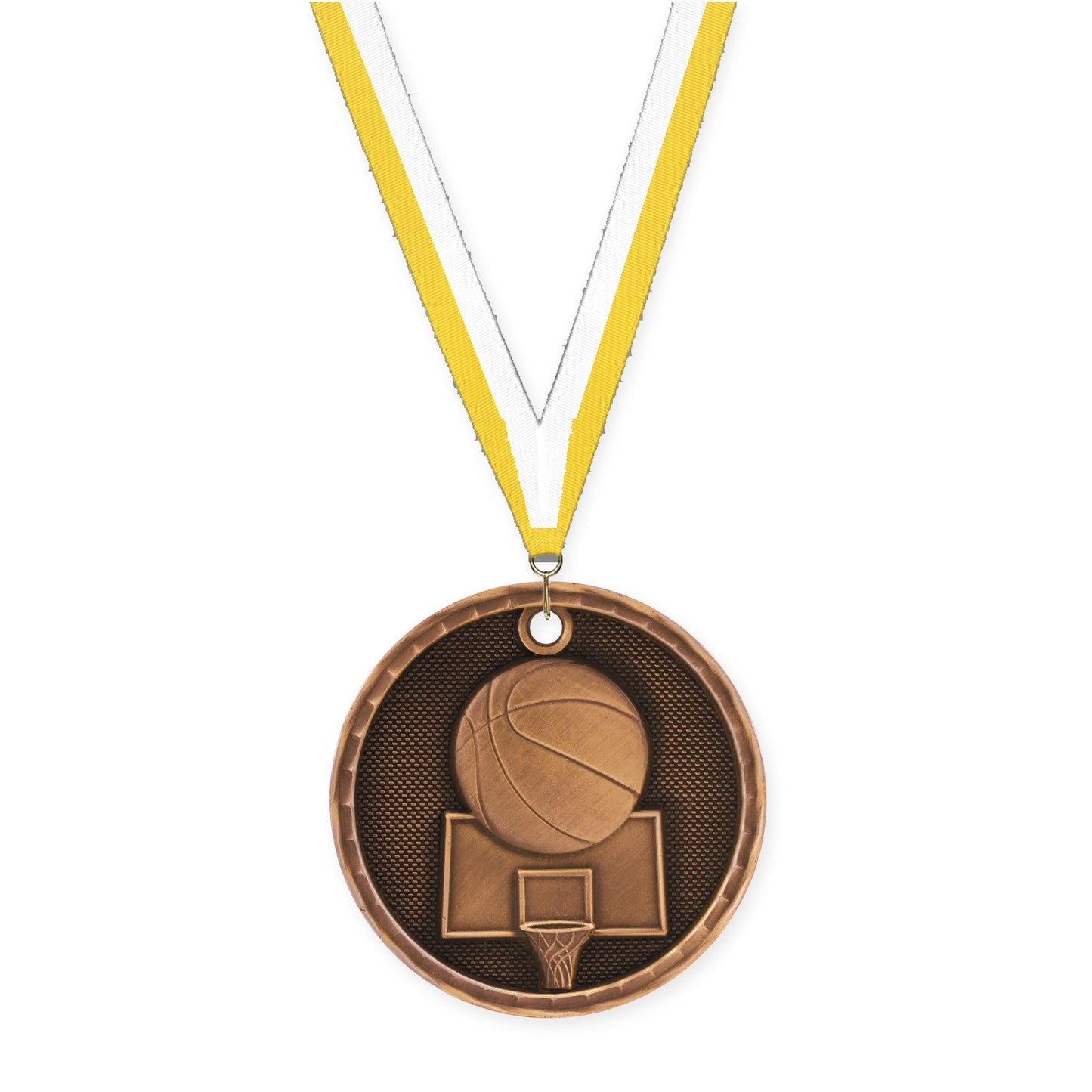 2 inch basketball 3-D medal in antique bronze with Yellow White neck ribbon