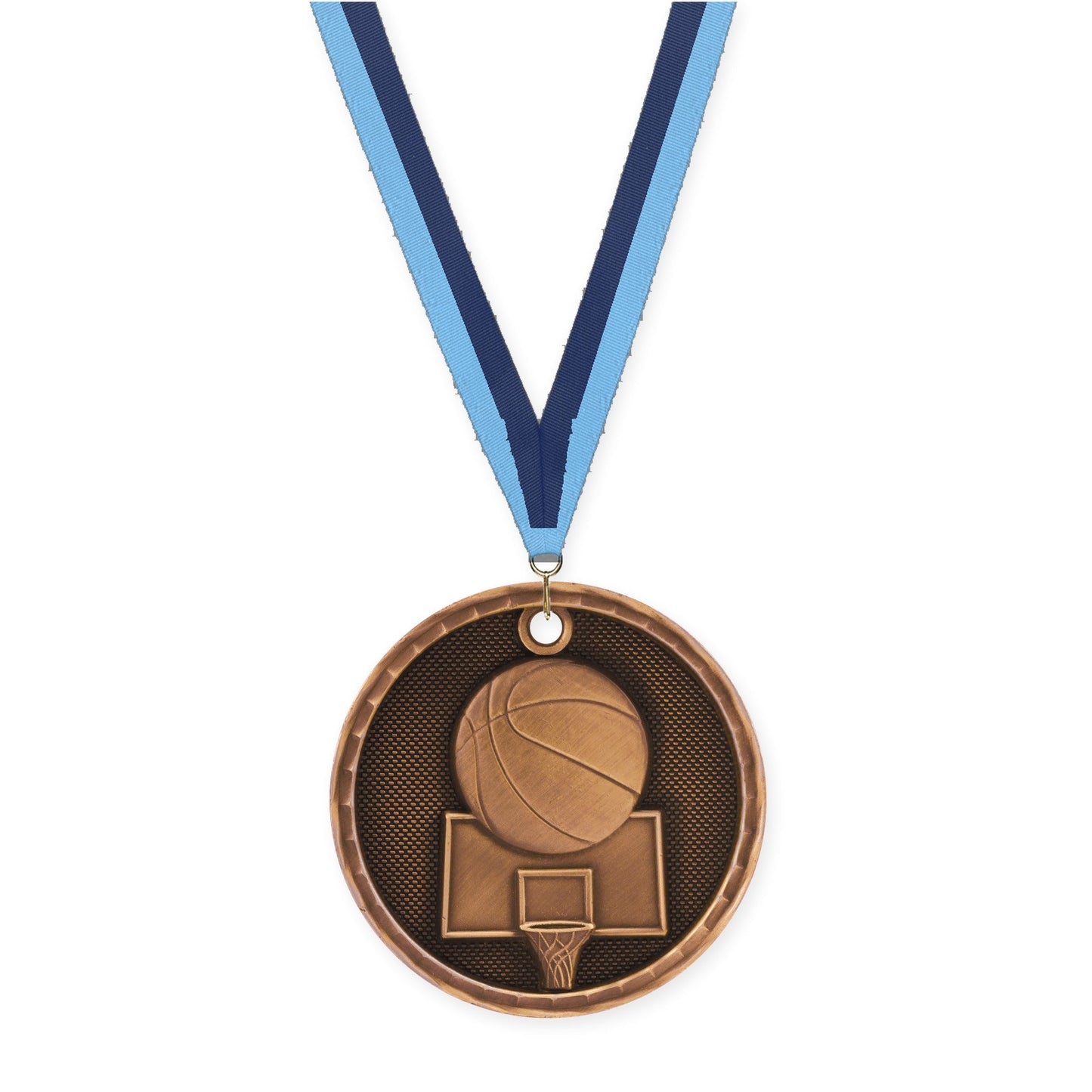 2 inch basketball 3-D medal in antique bronze with Light Blue Navy neck ribbon