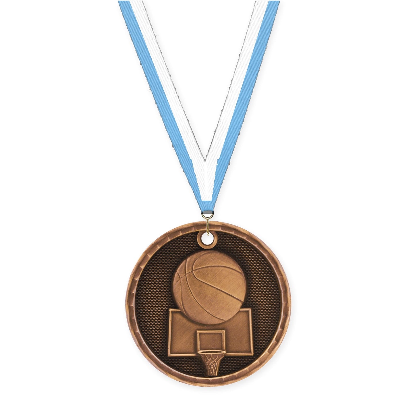 2 inch basketball 3-D medal in antique bronze with Light Blue White neck ribbon