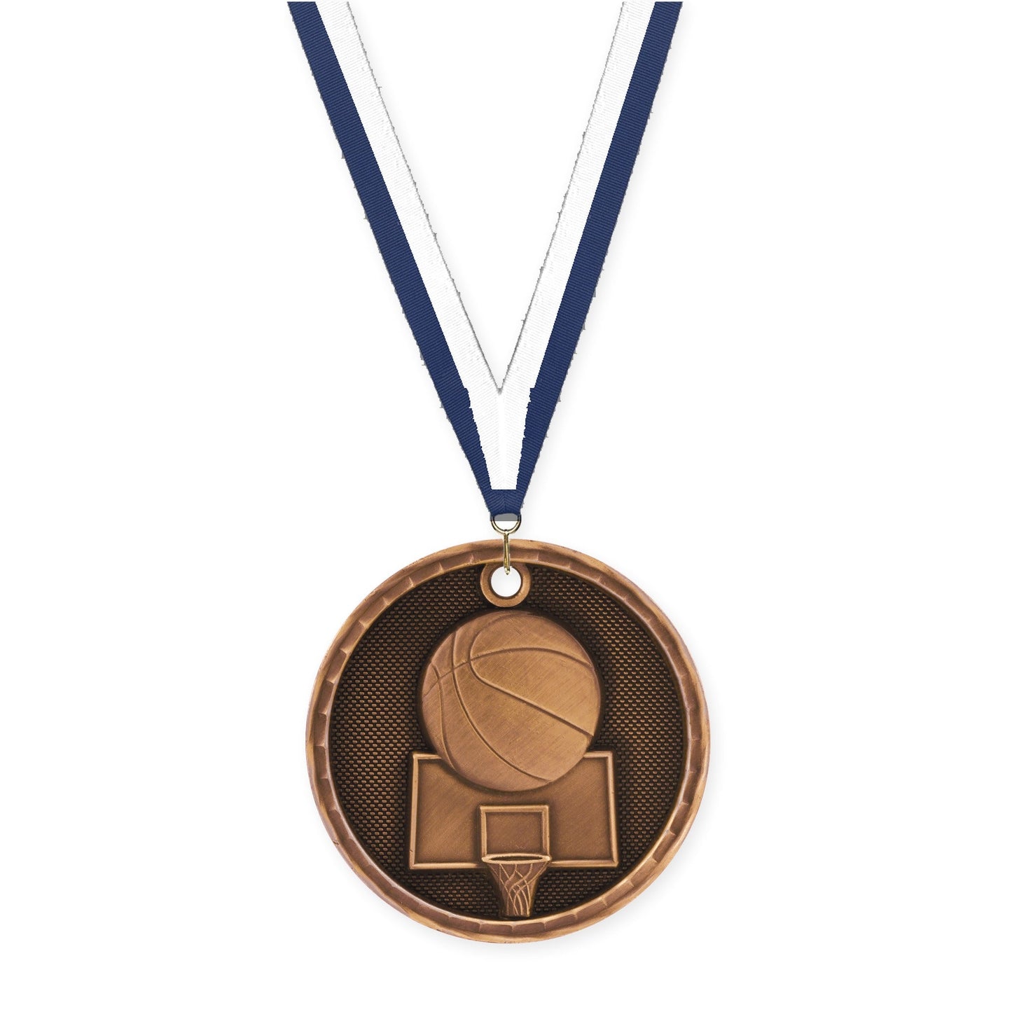 2 inch basketball 3-D medal in antique bronze with Navy White neck ribbon