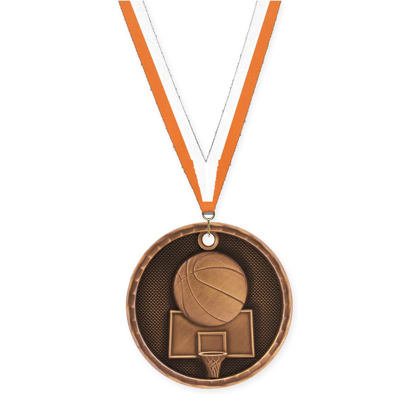 2 inch basketball 3-D medal in antique bronze with Orange White neck ribbon