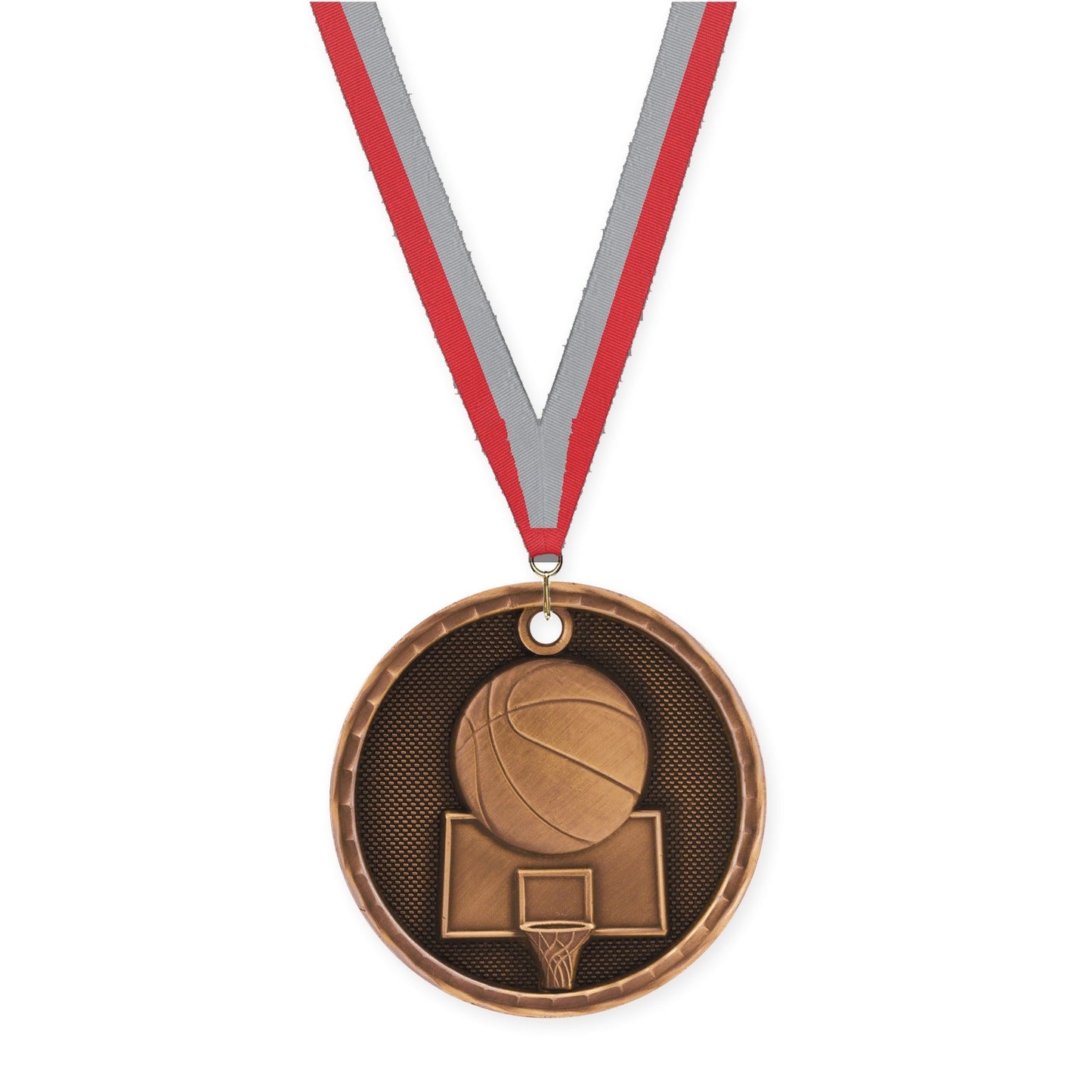 2 inch basketball 3-D medal in antique bronze with Red Gray neck ribbon