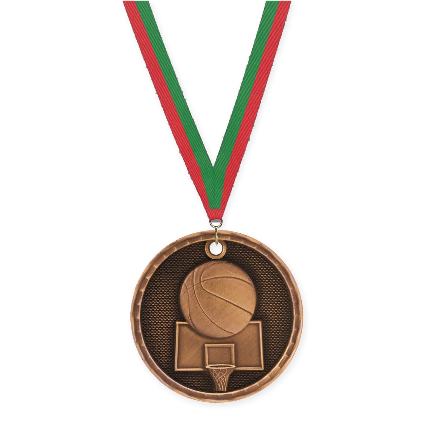 2 inch basketball 3-D medal in antique bronze with Red Green neck ribbon