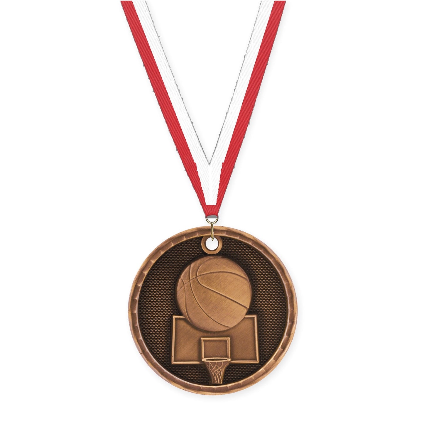 2 inch basketball 3-D medal in antique bronze with Red White neck ribbon