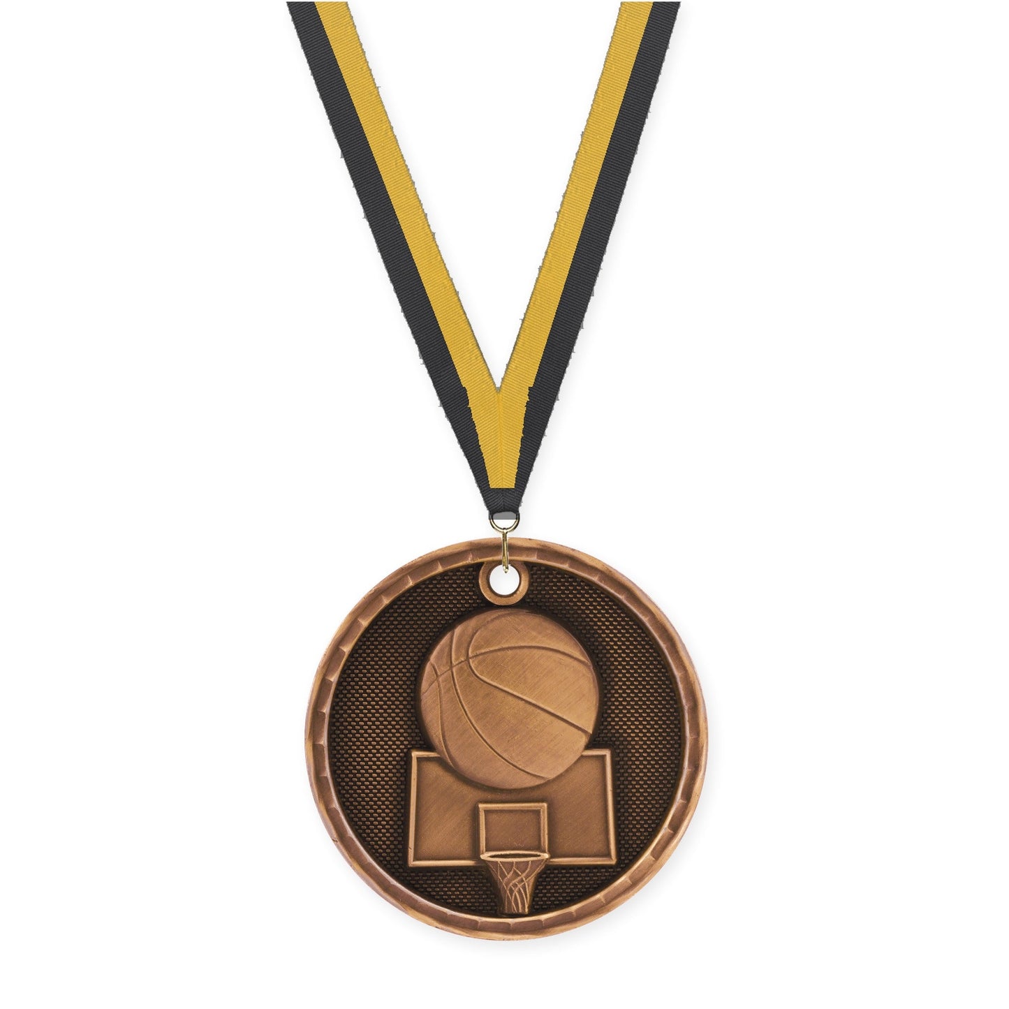 2 inch basketball 3-D medal in antique bronze with Black Gold neck ribbon