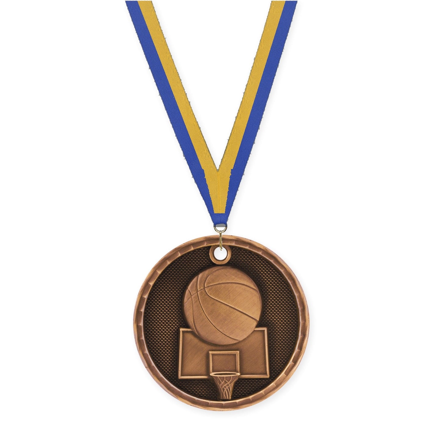2 inch basketball 3-D medal in antique bronze with Blue Gold neck ribbon