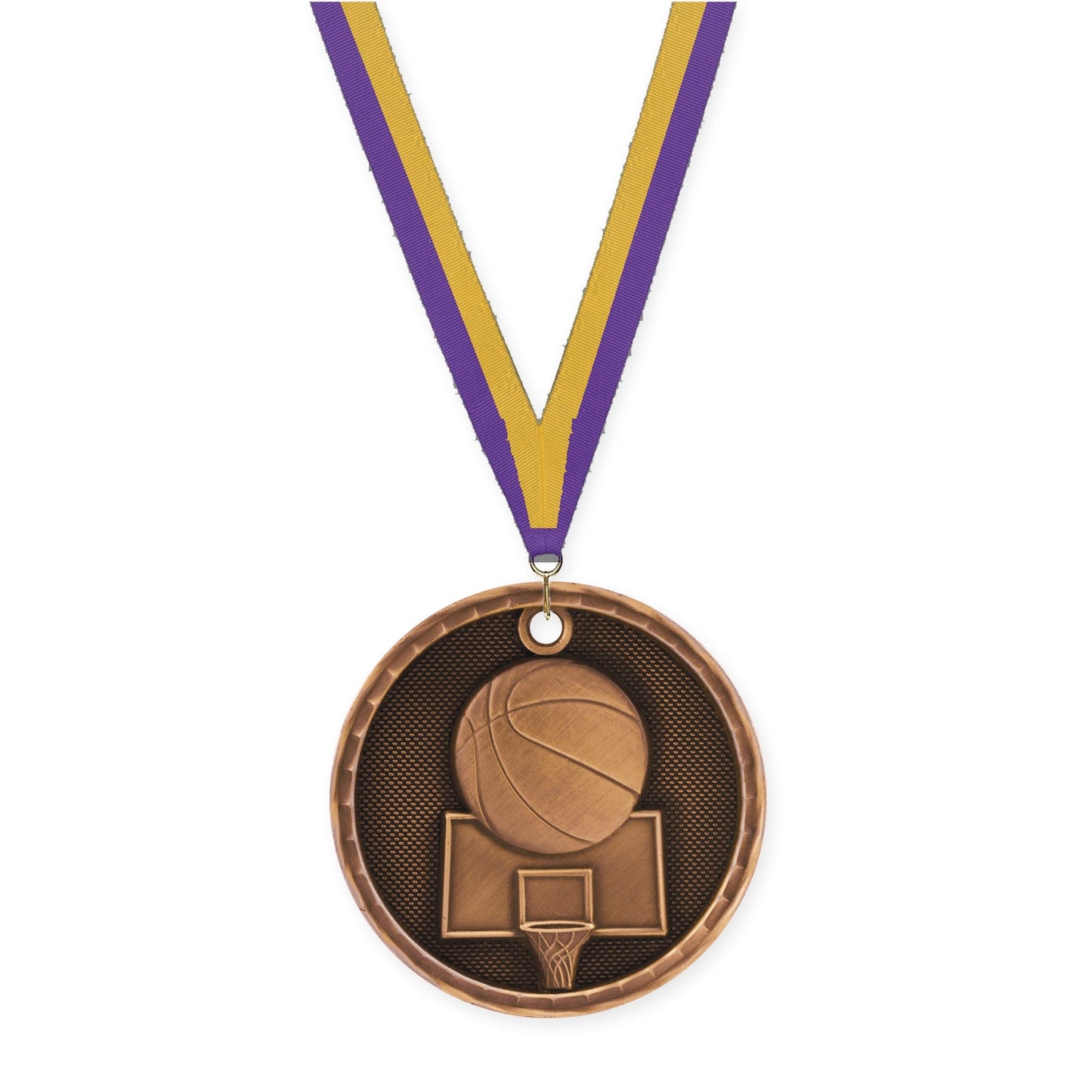 2 inch basketball 3-D medal in antique bronze with Purple Gold neck ribbon