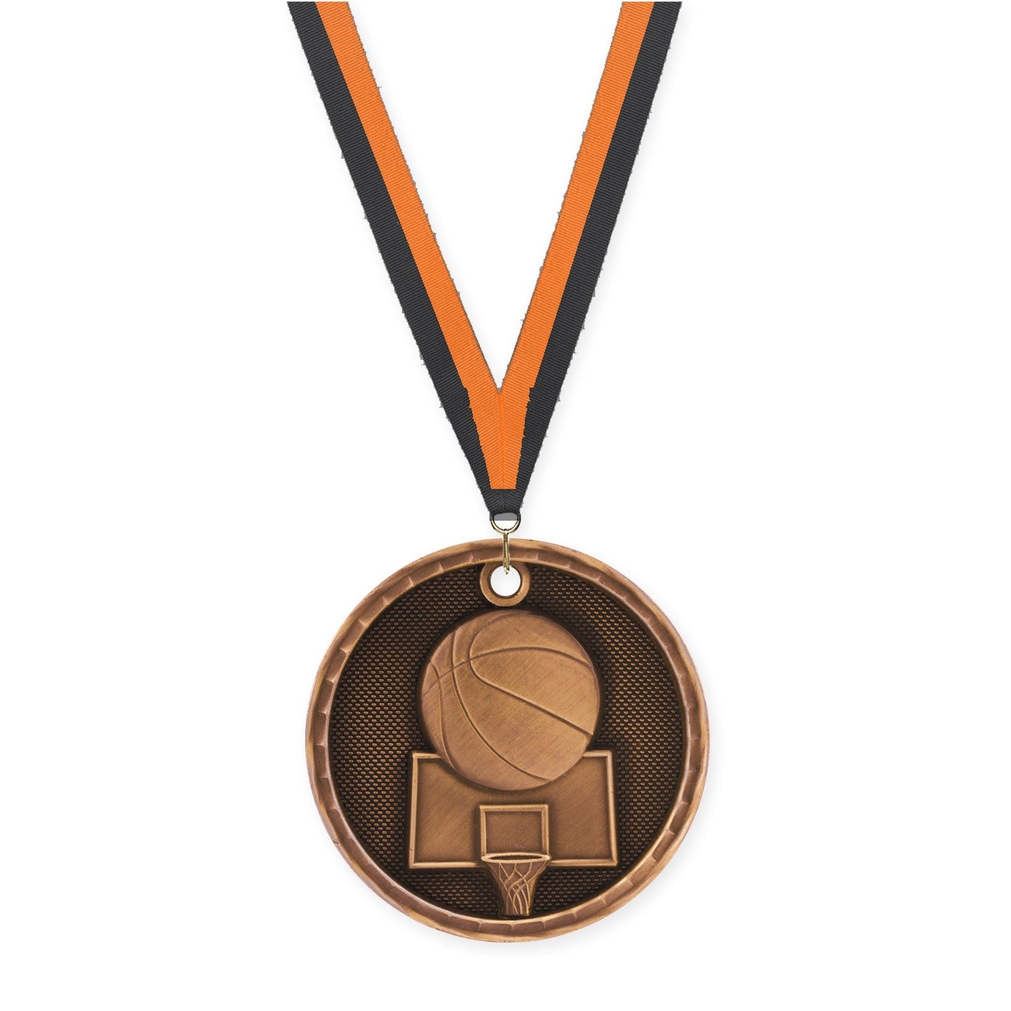2 inch basketball 3-D medal in antique bronze with Black Orange neck ribbon