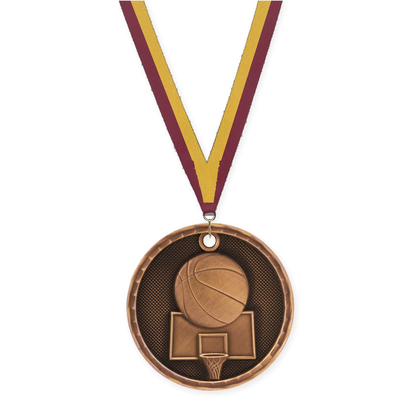 2 inch basketball 3-D medal in antique bronze with Maroon Gold neck ribbon