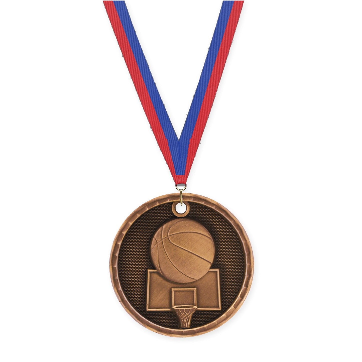 2 inch basketball 3-D medal in antique bronze with Blue Red neck ribbon