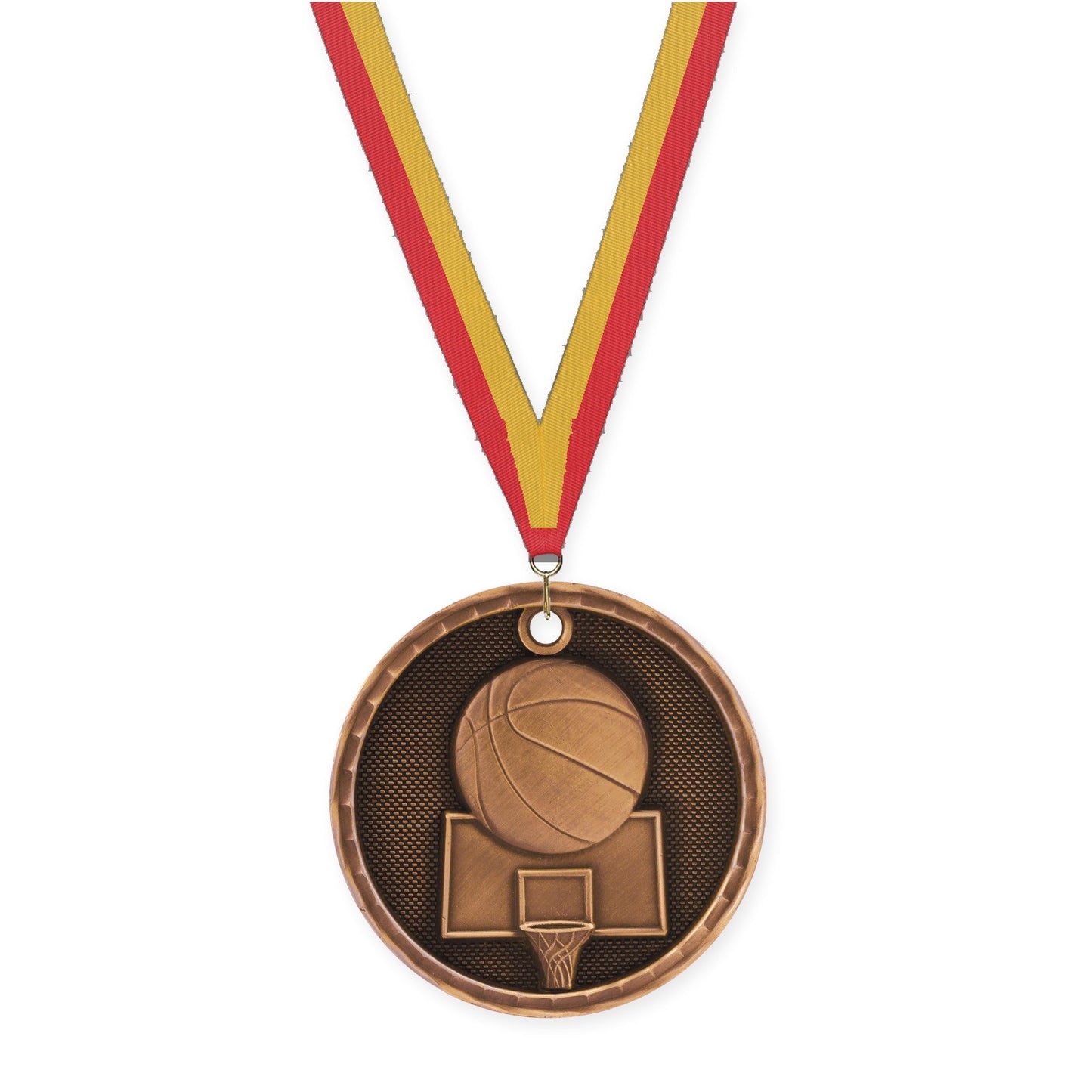 2 inch basketball 3-D medal in antique bronze with Red Gold neck ribbon