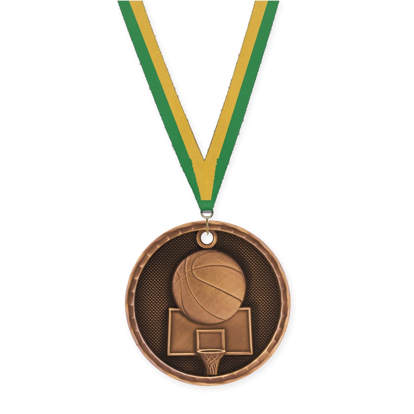 2 inch basketball 3-D medal in antique bronze with Green Gold neck ribbon