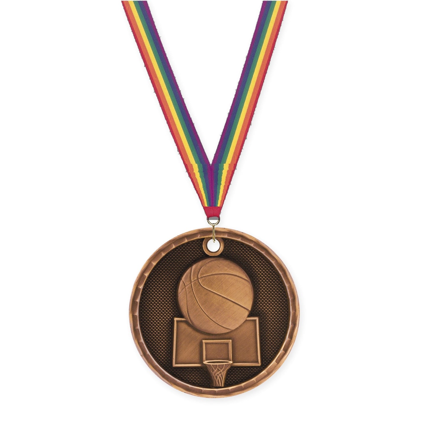 2 inch basketball 3-D medal in antique bronze with Rainbow neck ribbon