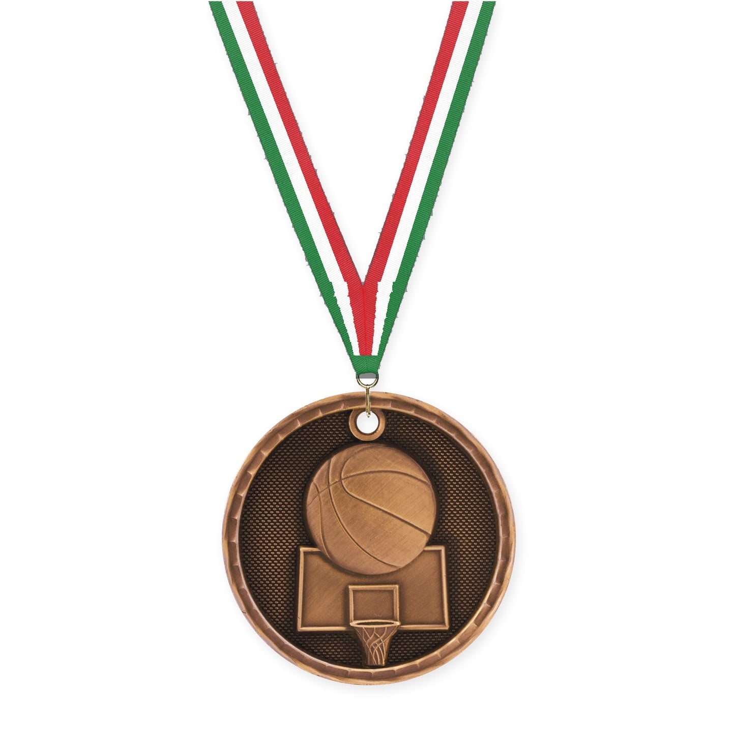 2 inch basketball 3-D medal in antique bronze with Green White Red neck ribbon