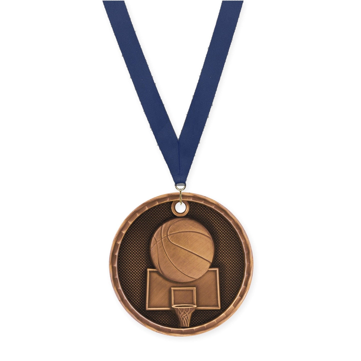 2 inch basketball 3-D medal in antique bronze with Navy neck ribbon