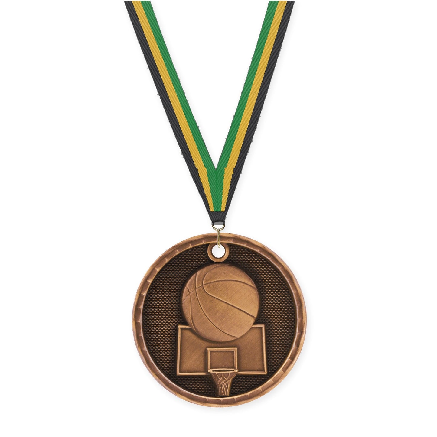 2 inch basketball 3-D medal in antique bronze with Black Gold Green neck ribbon