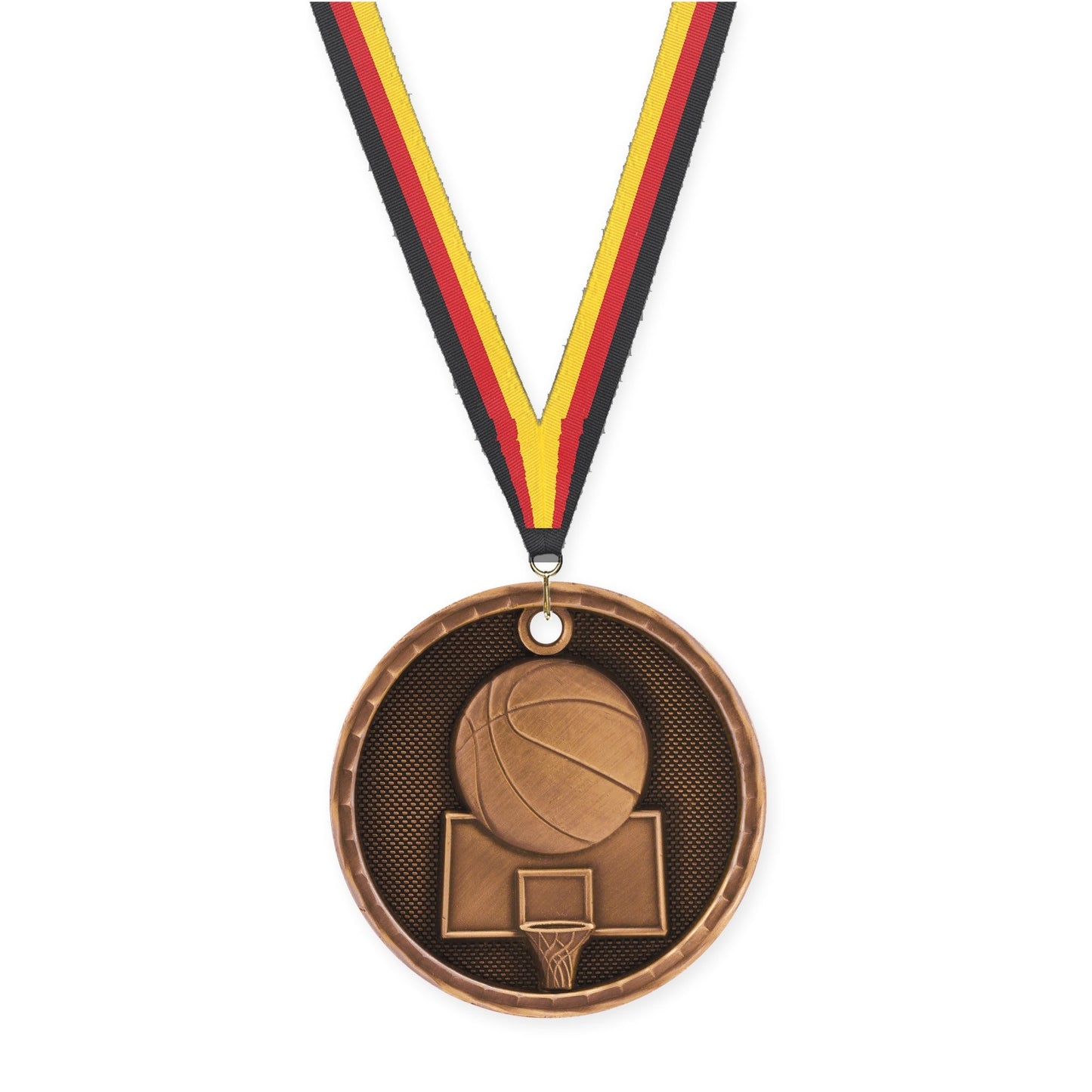 2 inch basketball 3-D medal in antique bronze with Black Red Yellow neck ribbon