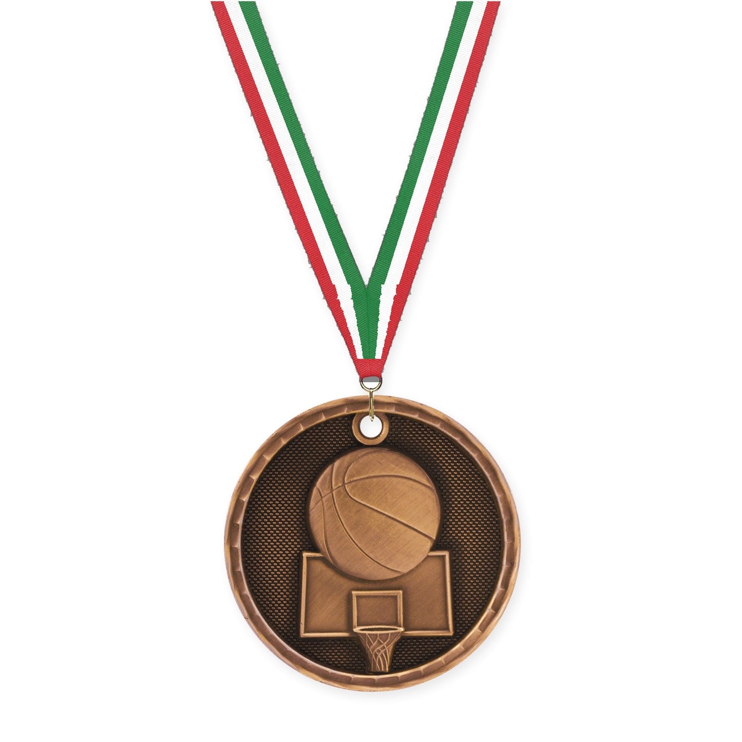 2 inch basketball 3-D medal in antique bronze with Red White Green neck ribbon