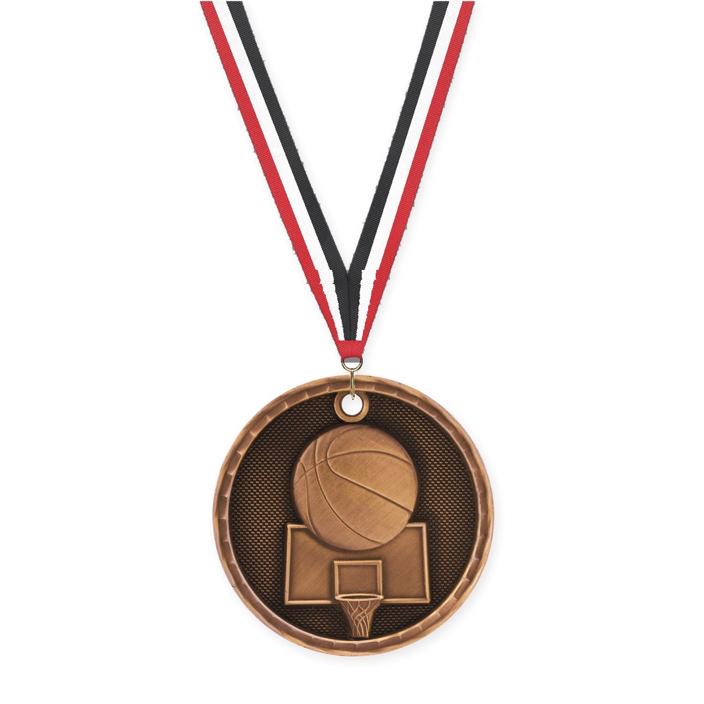 2 inch basketball 3-D medal in antique bronze with Red White Black neck ribbon
