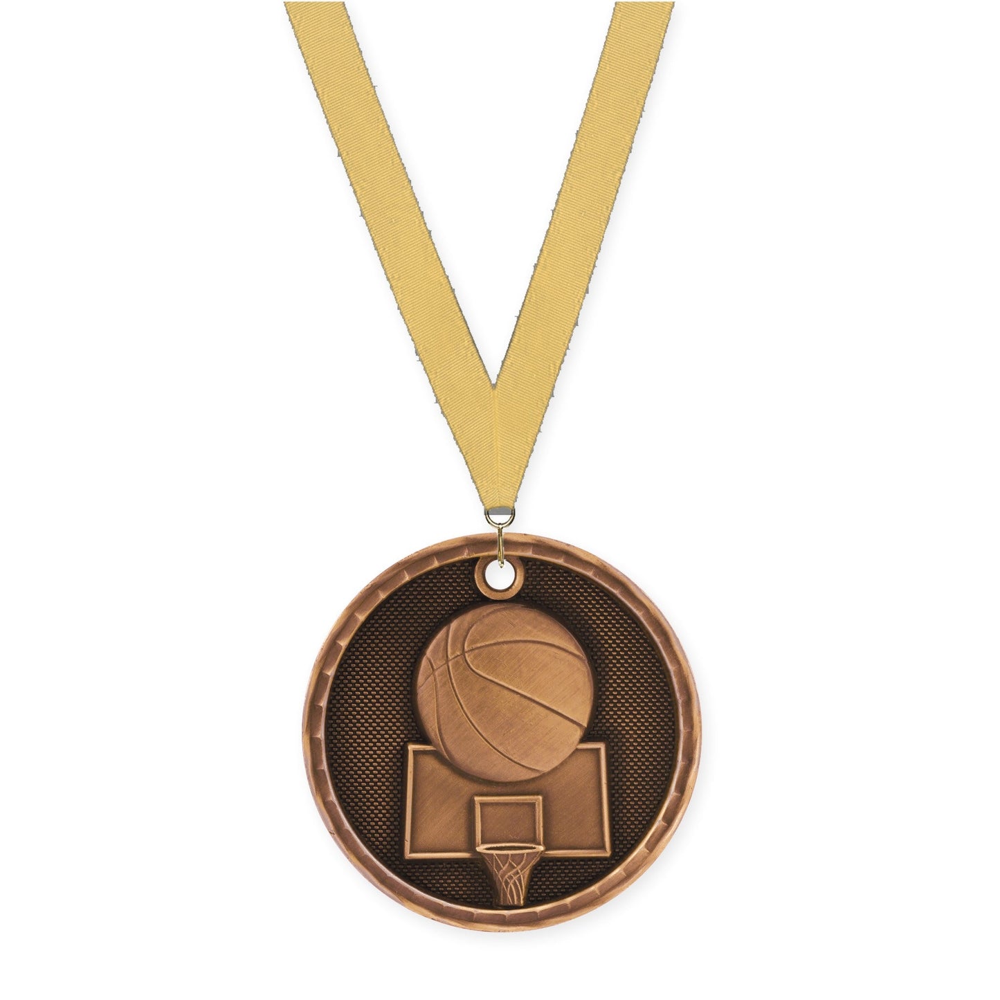 2 inch basketball 3-D medal in antique bronze with Gold Metallic neck ribbon