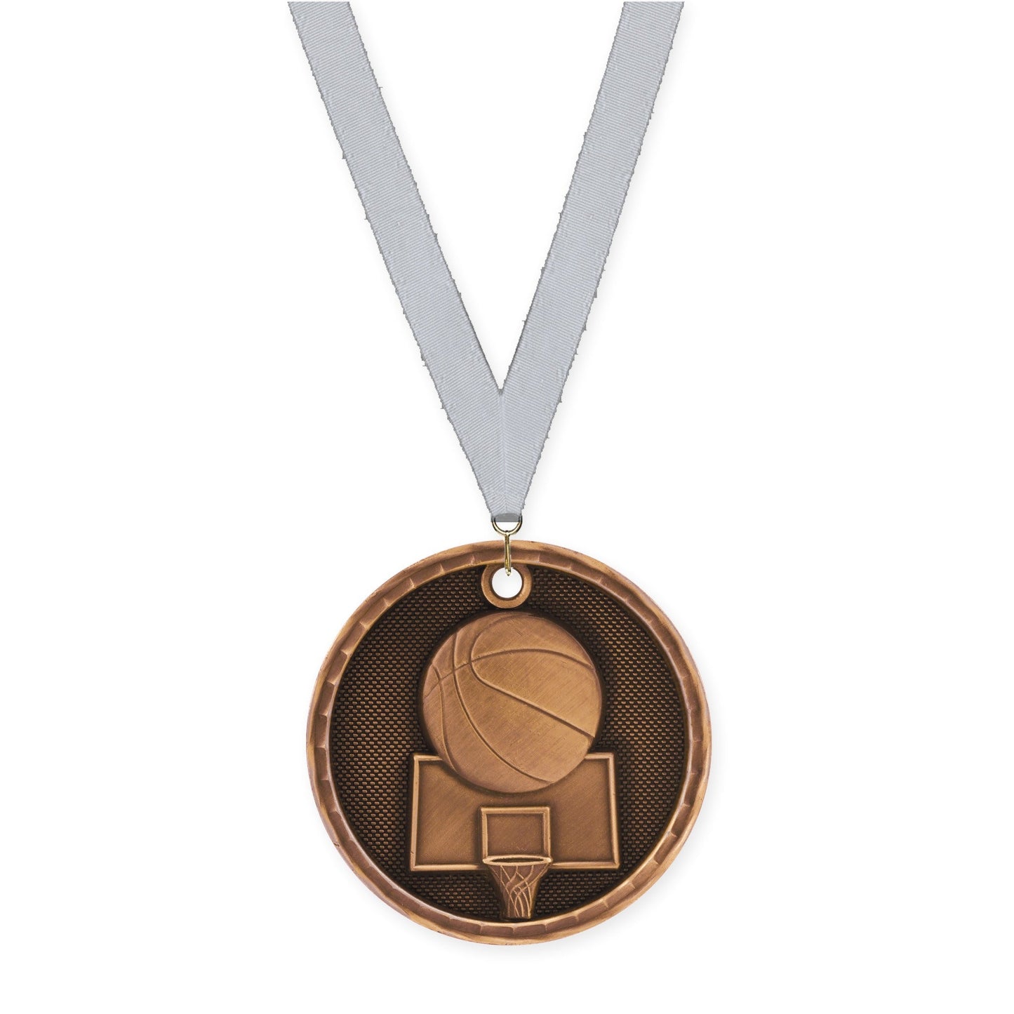 2 inch basketball 3-D medal in antique bronze with Silver Metallic neck ribbon