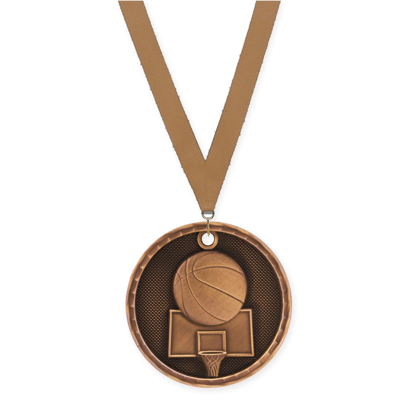2 inch basketball 3-D medal in antique bronze with Bronze Metallic neck ribbon