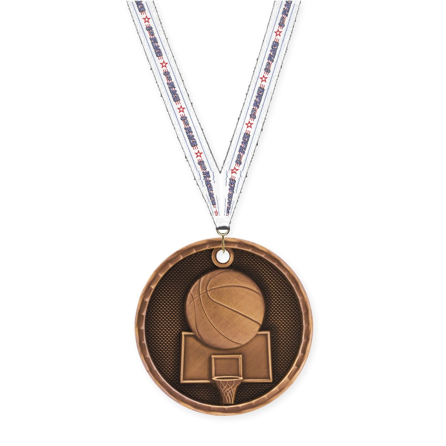 2 inch basketball 3-D medal in antique bronze with 3rd Place neck ribbon