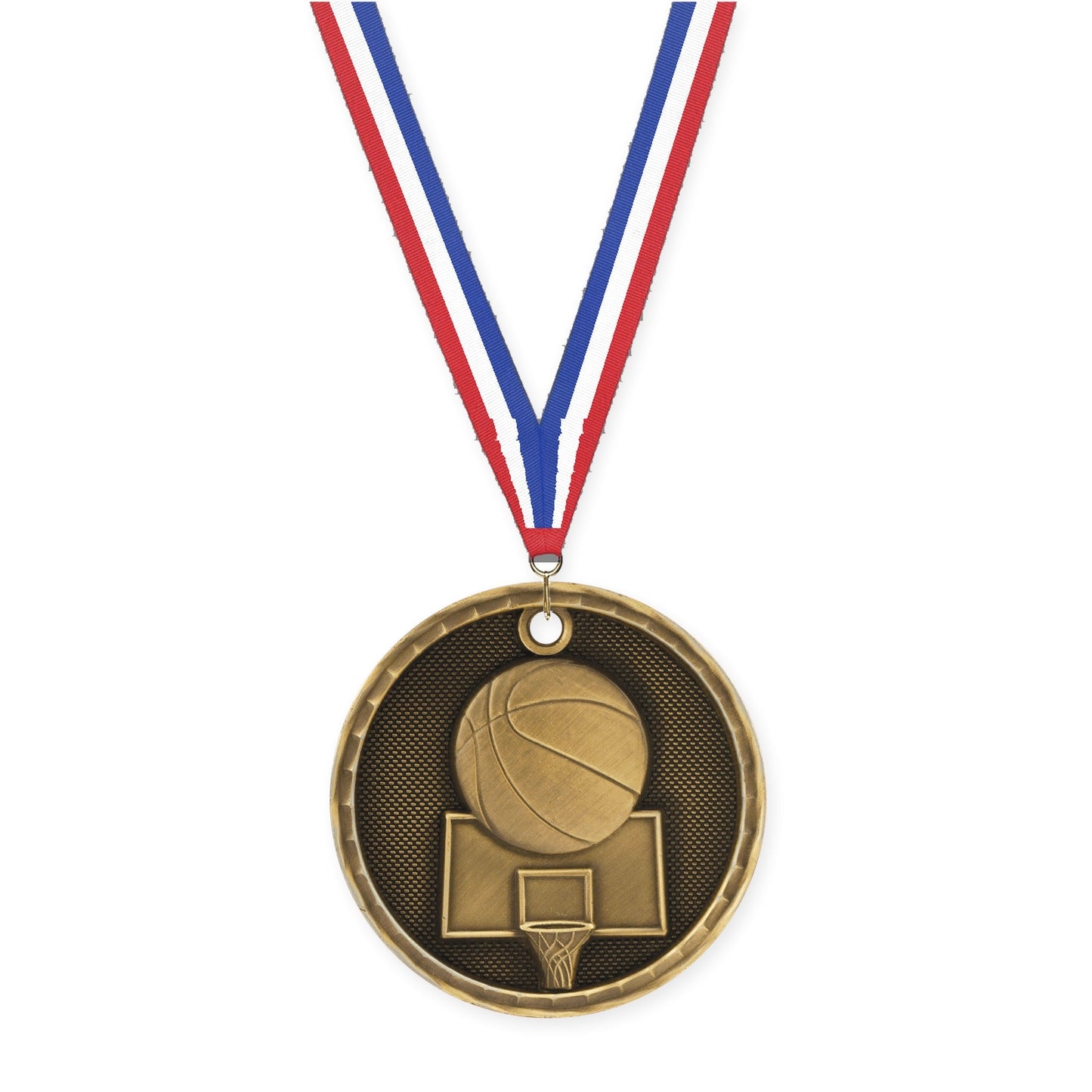 2 inch basketball 3-D medal in antique gold with Red White Blue neck ribbon