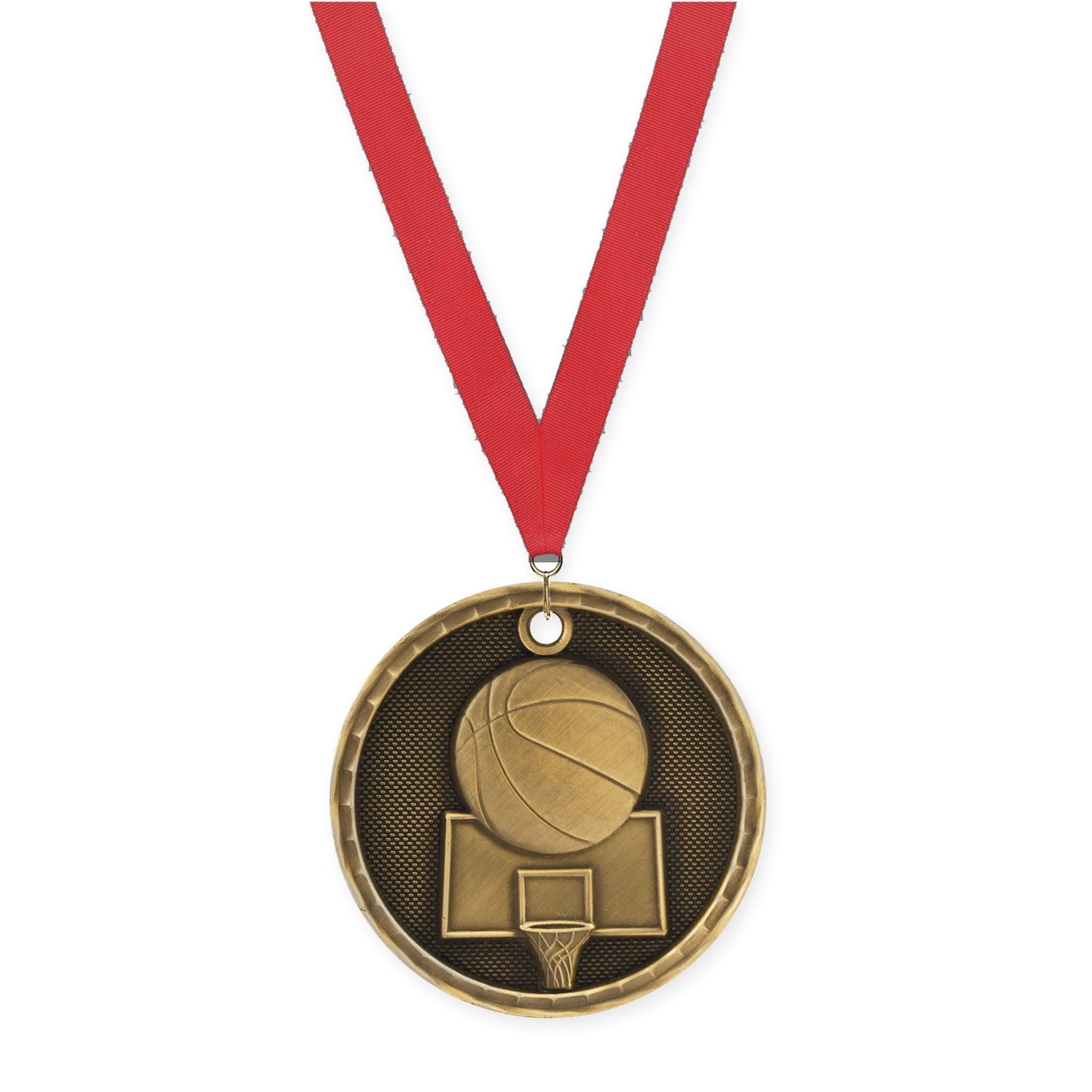 2 inch basketball 3-D medal in antique gold with Red neck ribbon