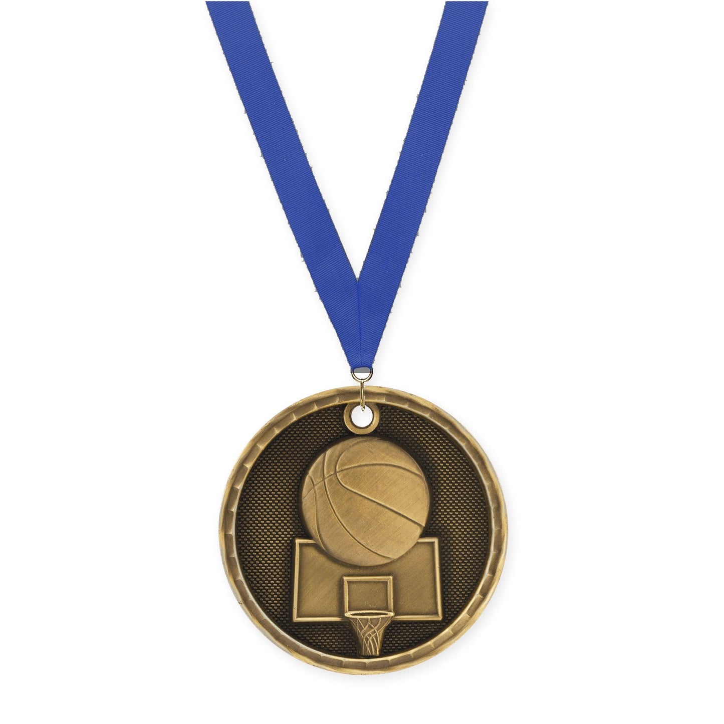 2 inch basketball 3-D medal in antique gold with Blue neck ribbon