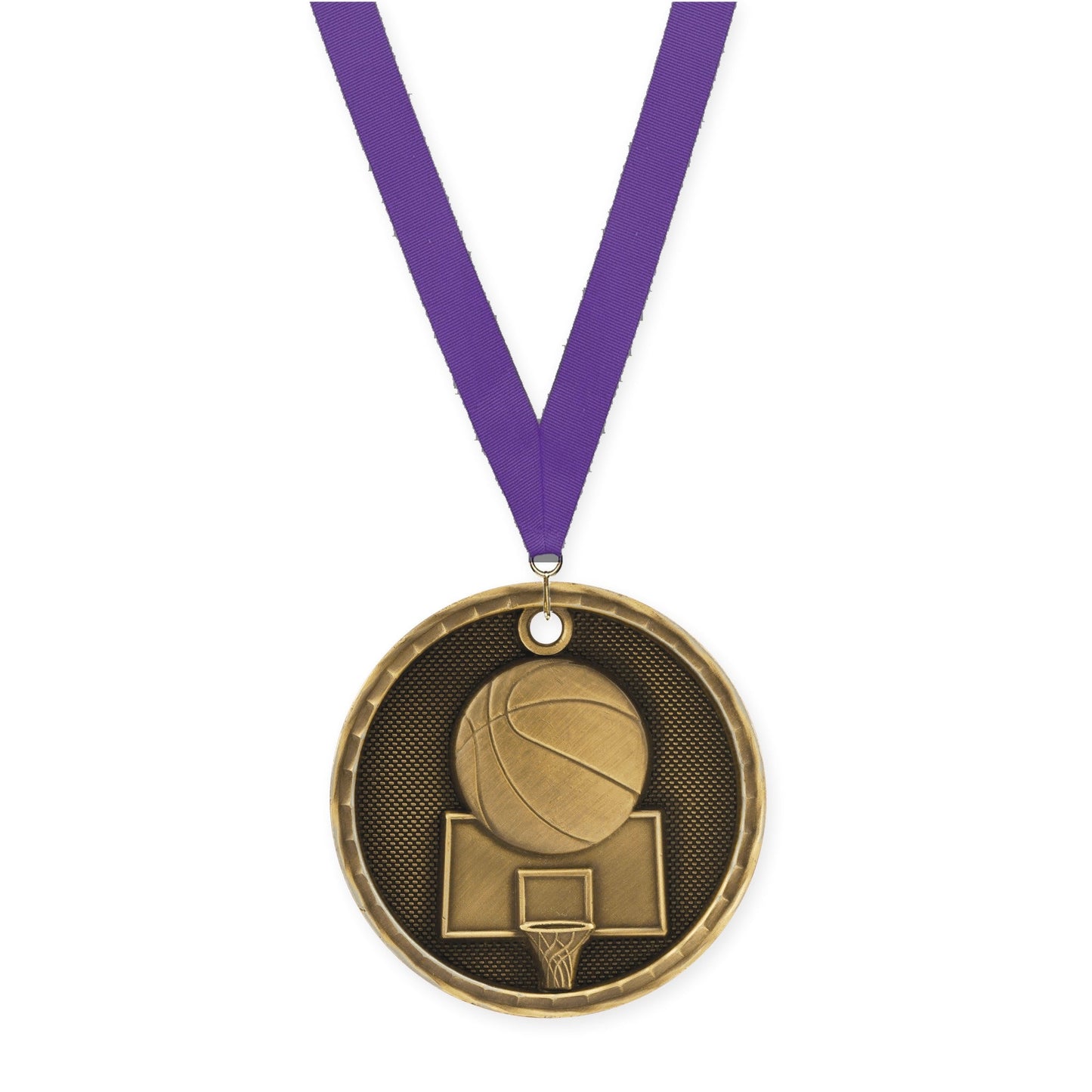 2 inch basketball 3-D medal in antique gold with Purple neck ribbon