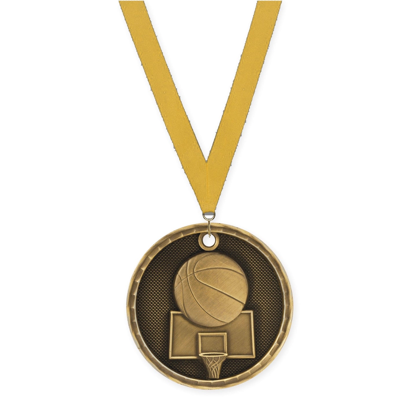 2 inch basketball 3-D medal in antique gold with Gold neck ribbon