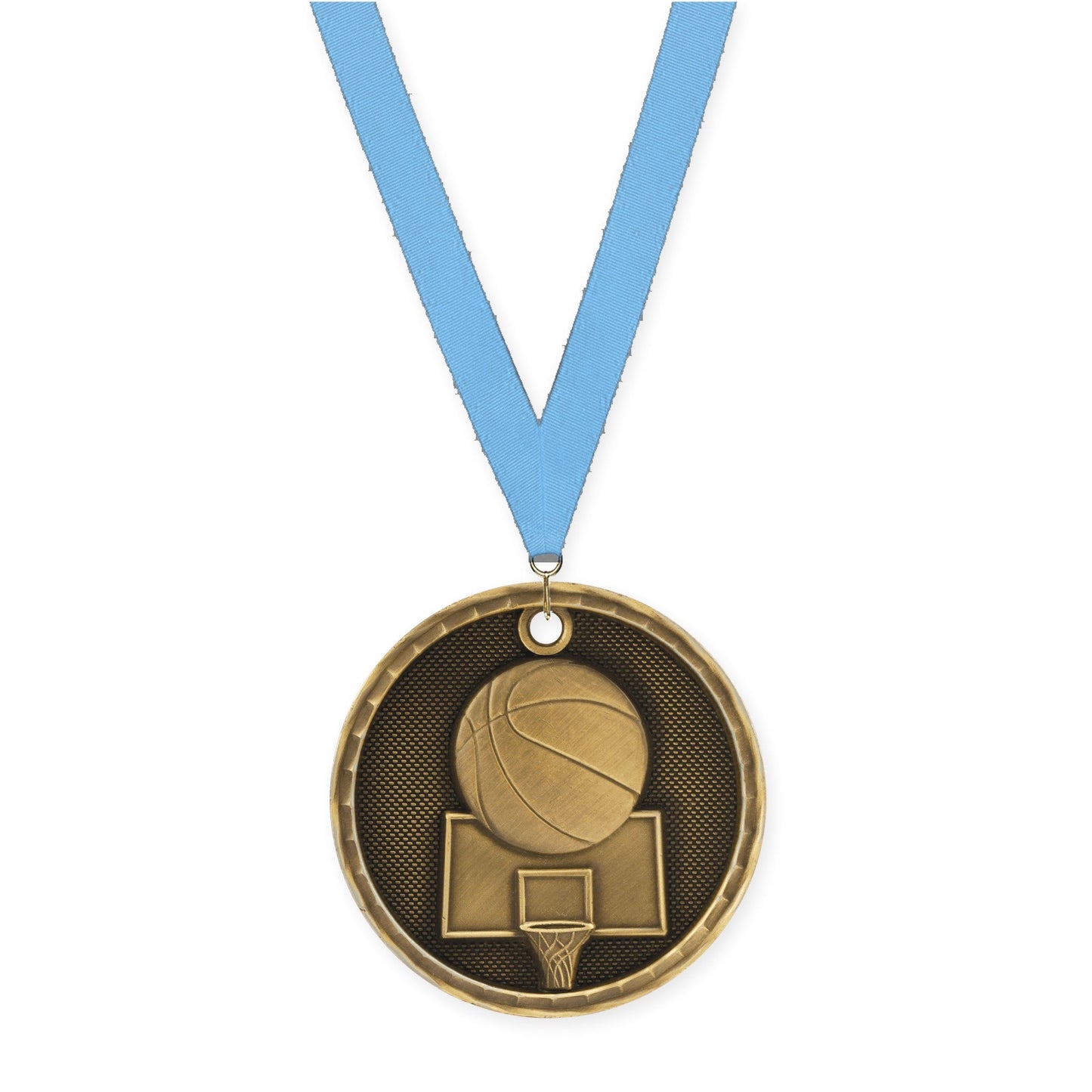 2 inch basketball 3-D medal in antique gold with Light Blue neck ribbon