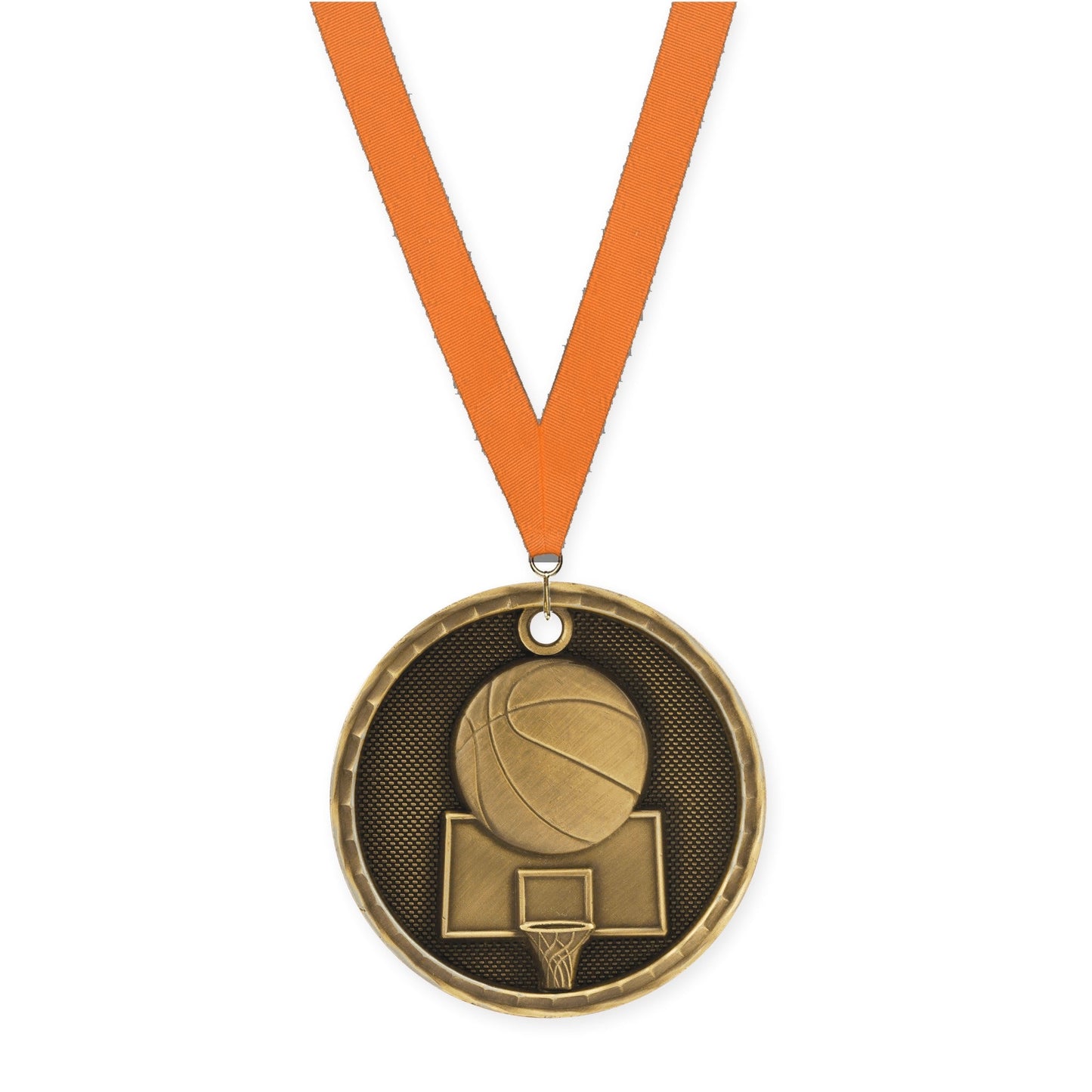 2 inch basketball 3-D medal in antique gold with Orange neck ribbon