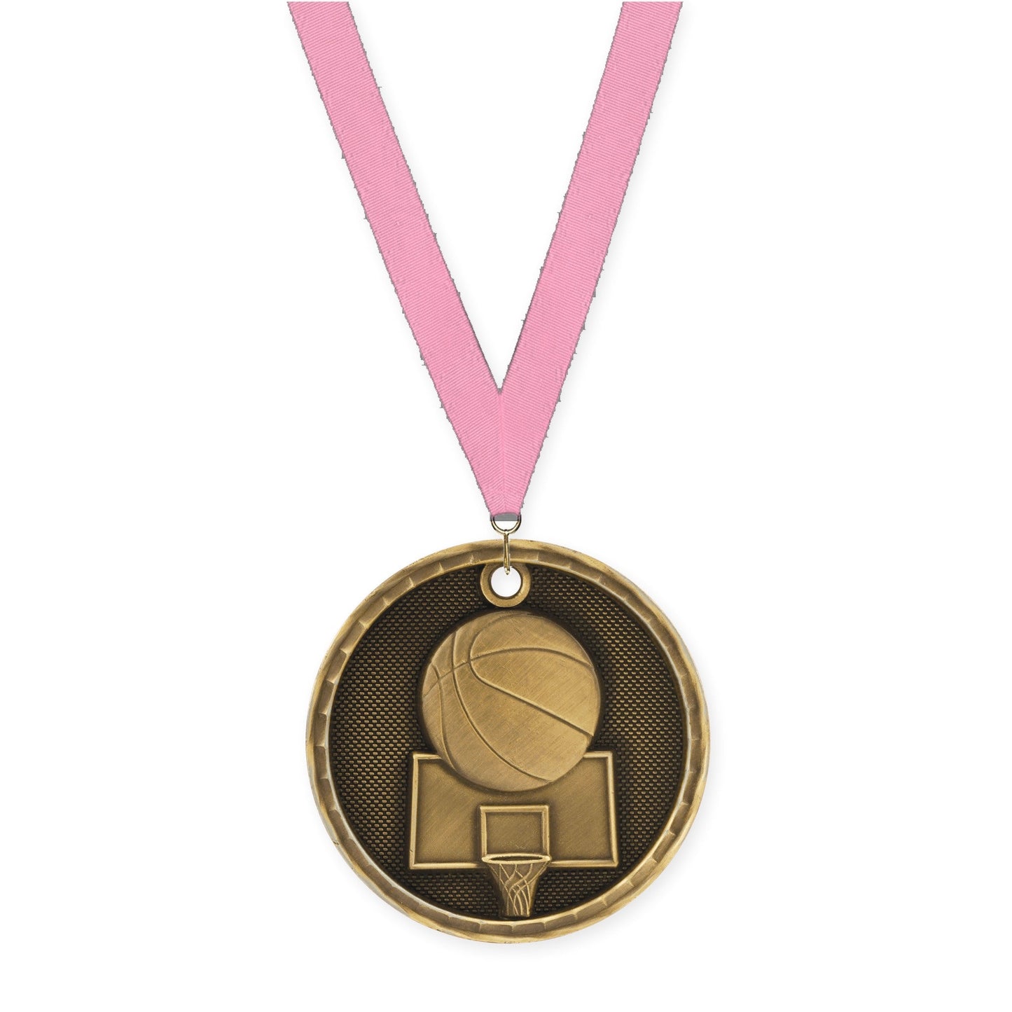 2 inch basketball 3-D medal in antique gold with Pink neck ribbon