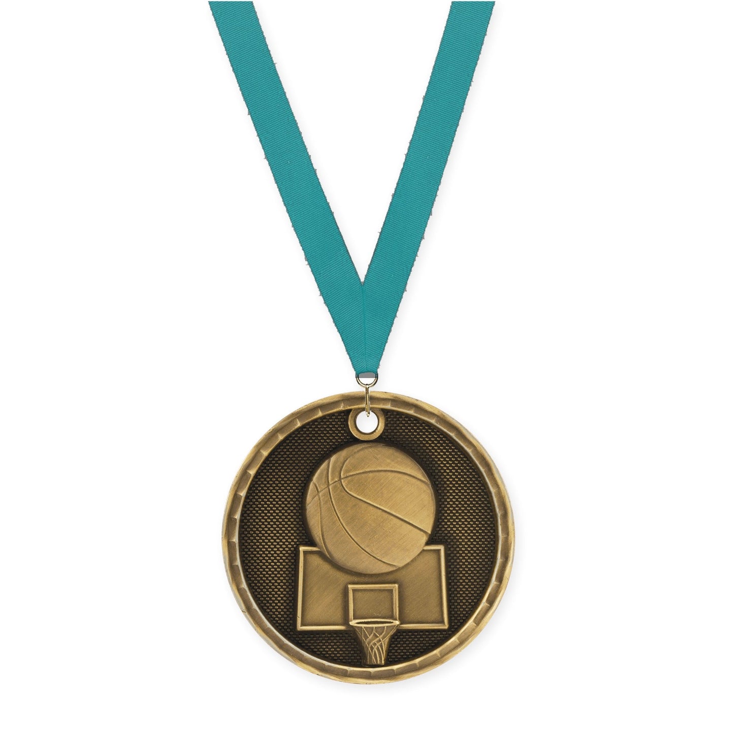 2 inch basketball 3-D medal in antique gold with Teal neck ribbon