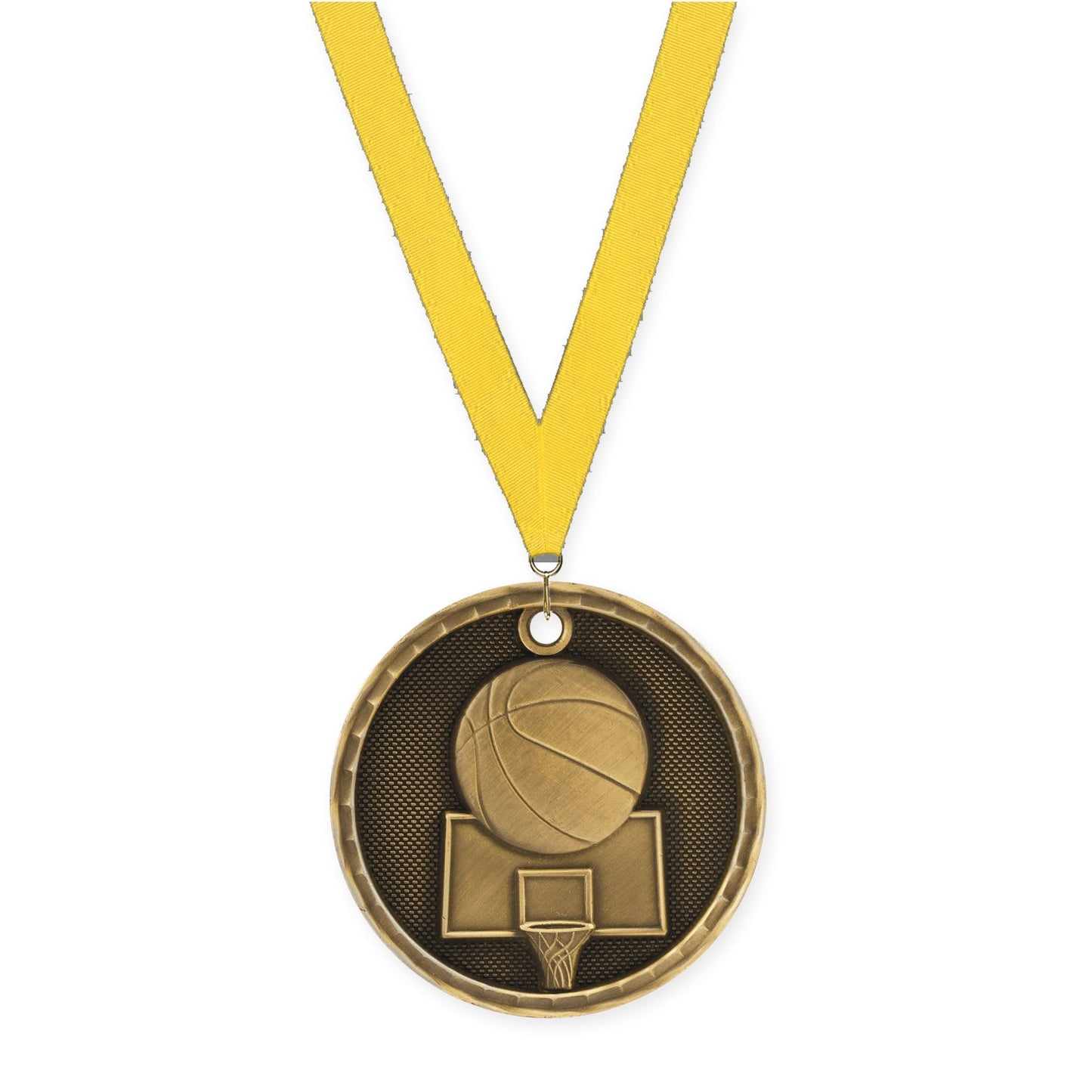 2 inch basketball 3-D medal in antique gold with Yellow neck ribbon