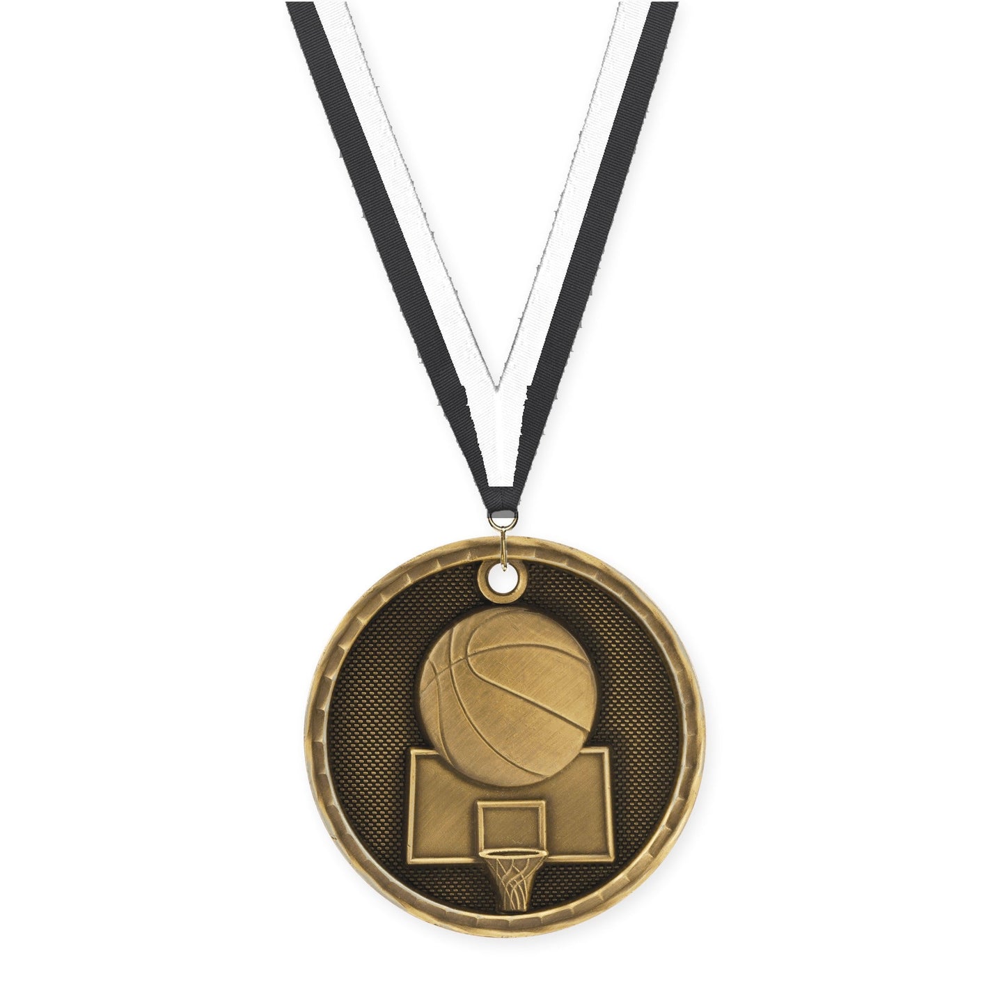 2 inch basketball 3-D medal in antique gold with Black White neck ribbon