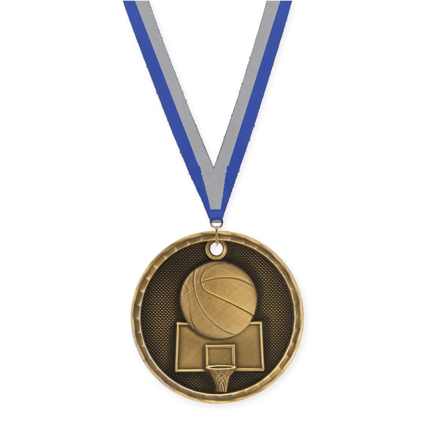 2 inch basketball 3-D medal in antique gold with Blue Gray neck ribbon